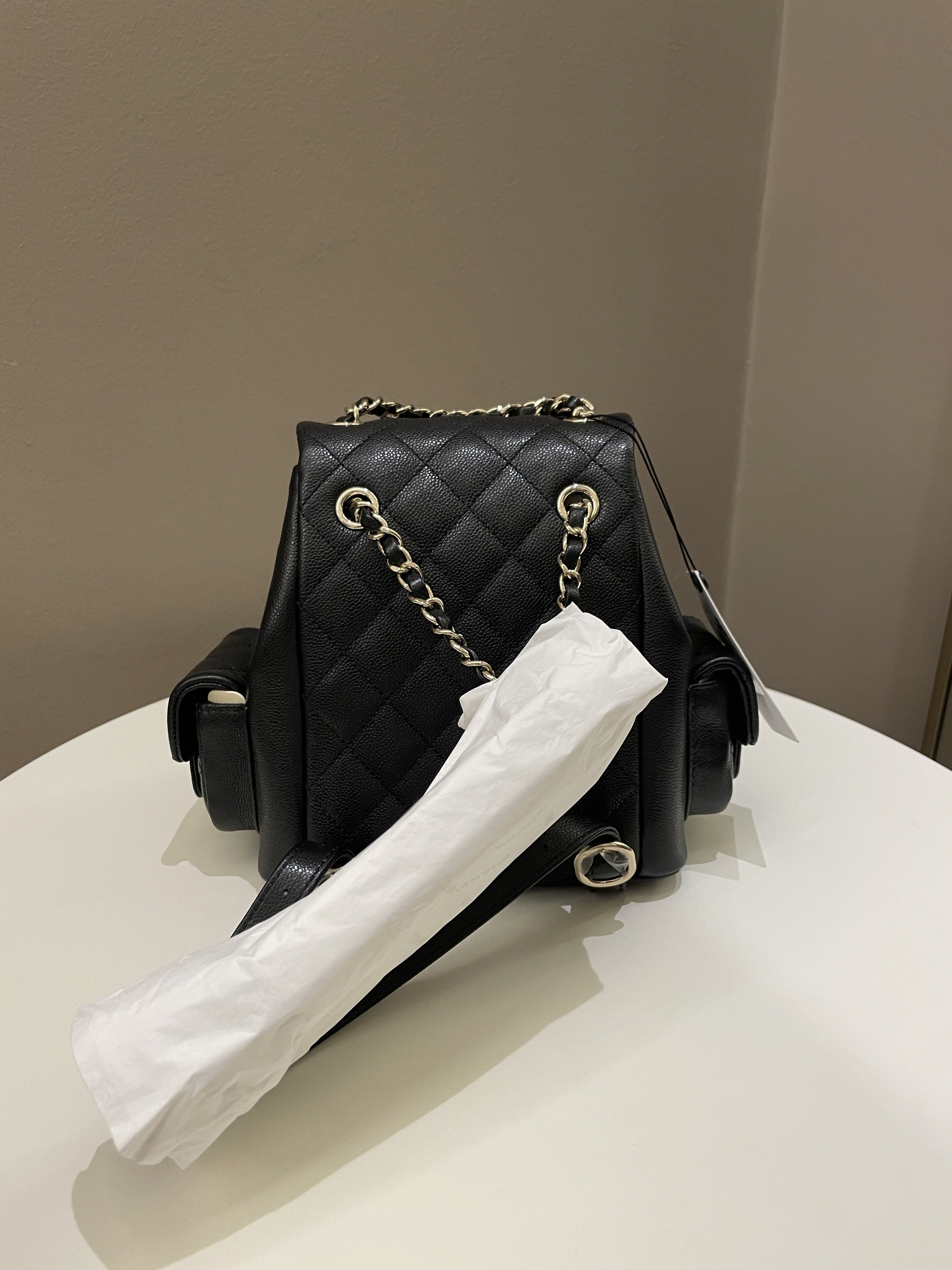 Chanel 23K Quilted Triple Duma Backpack Black Caviar