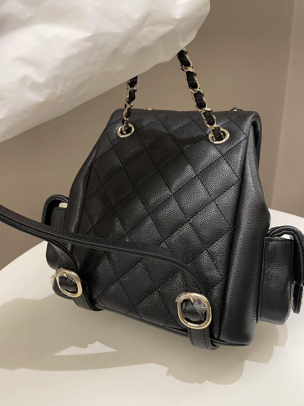 Chanel 23K Quilted Triple Duma Backpack Black Caviar