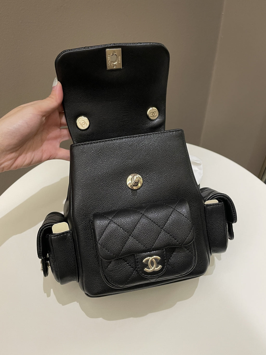 Chanel 23K Quilted Triple Duma Backpack Black Caviar