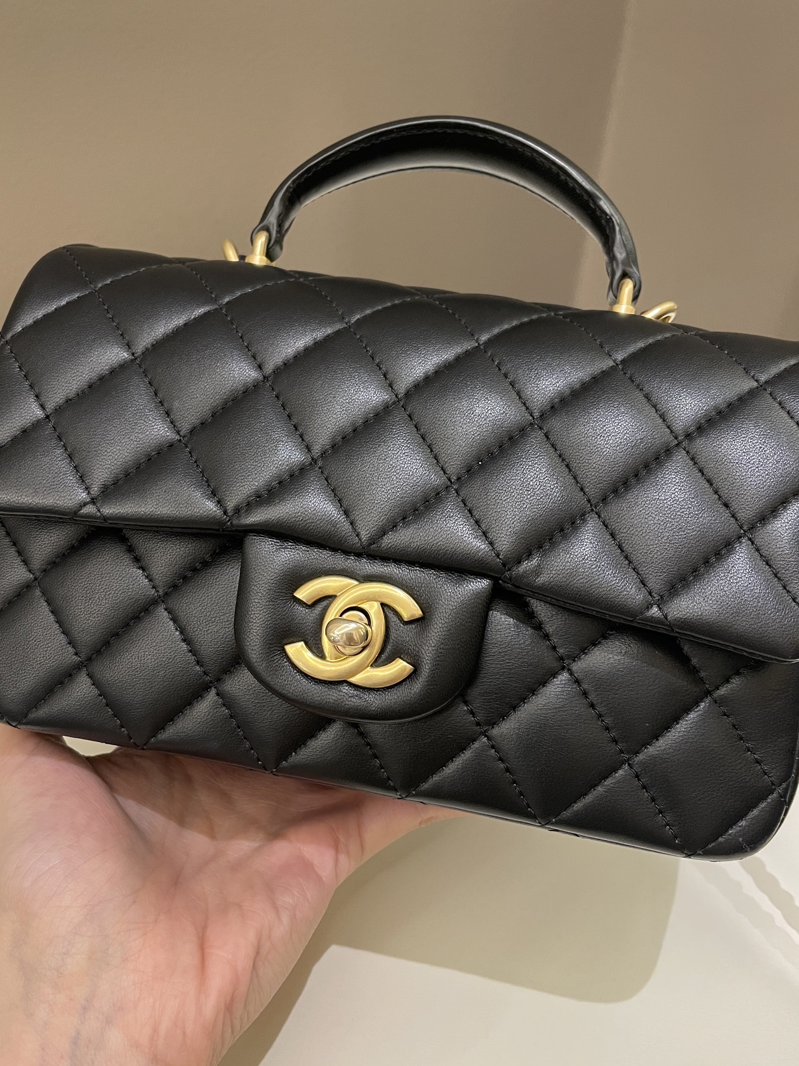 Chanel Quilted Top Handle Mini Rectangular Black Lambskin