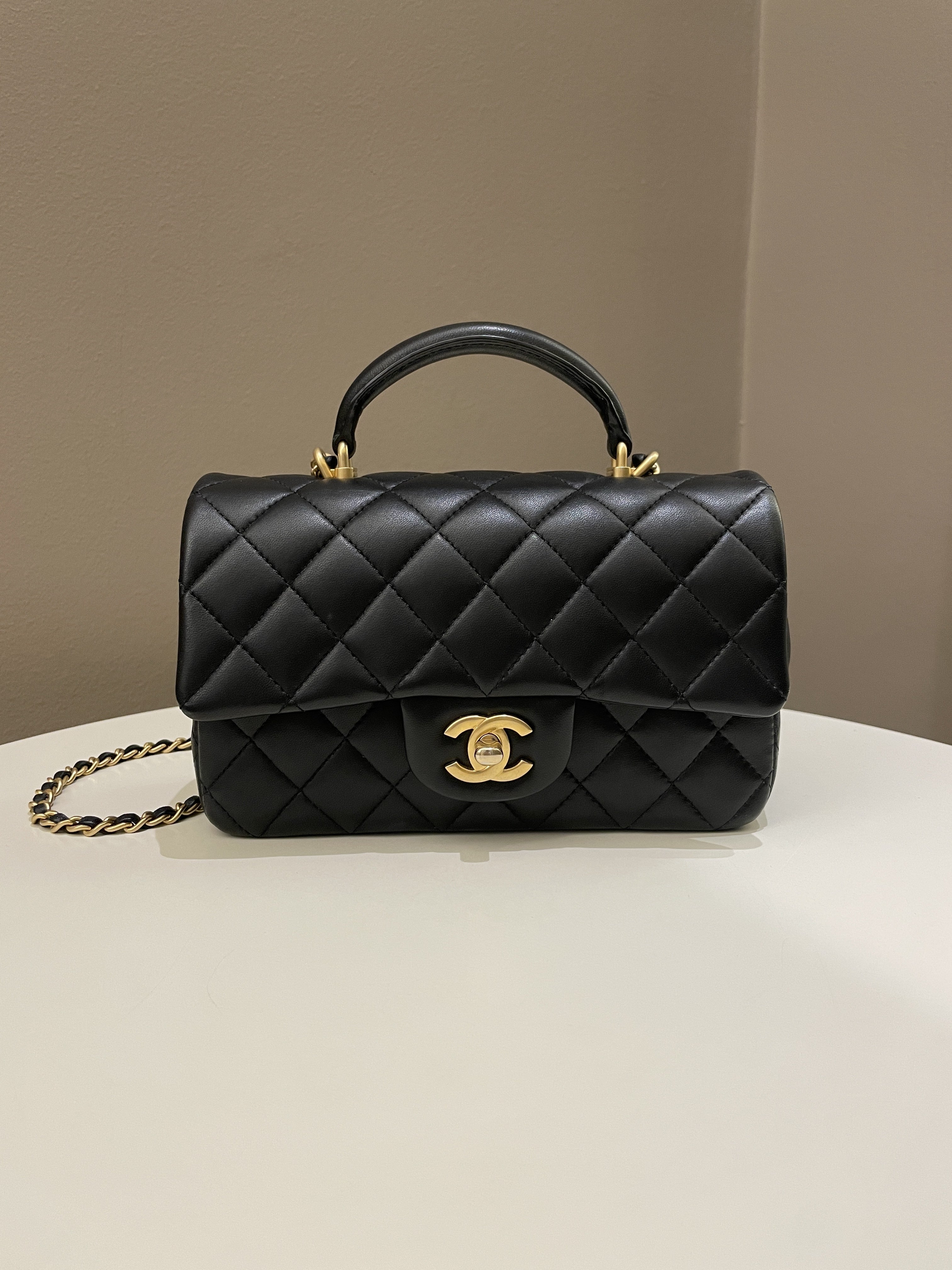 Chanel Quilted Top Handle Mini Rectangular Black Lambskin