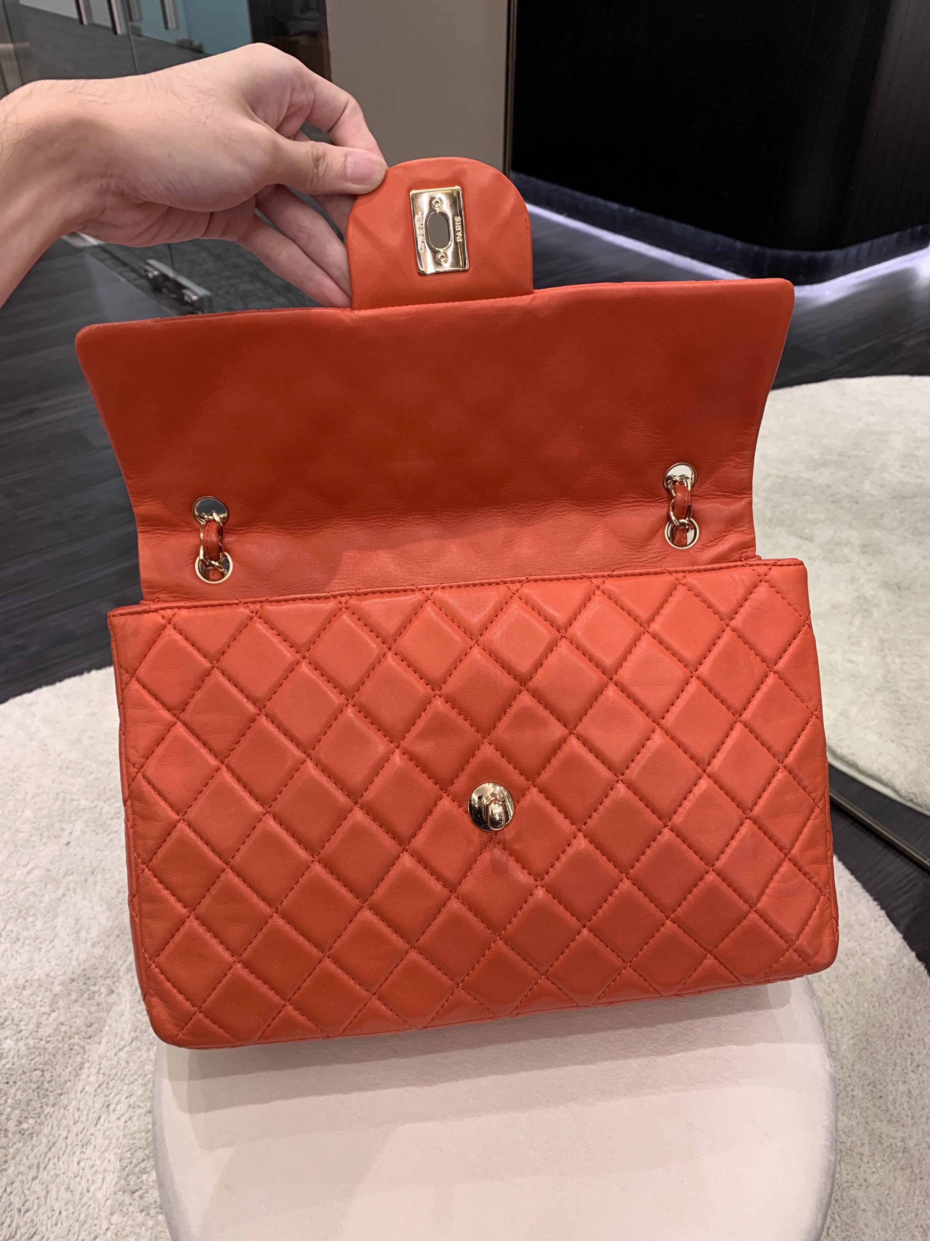 Chanel Quilted Cc Flap Bag Vermillion Lambskin