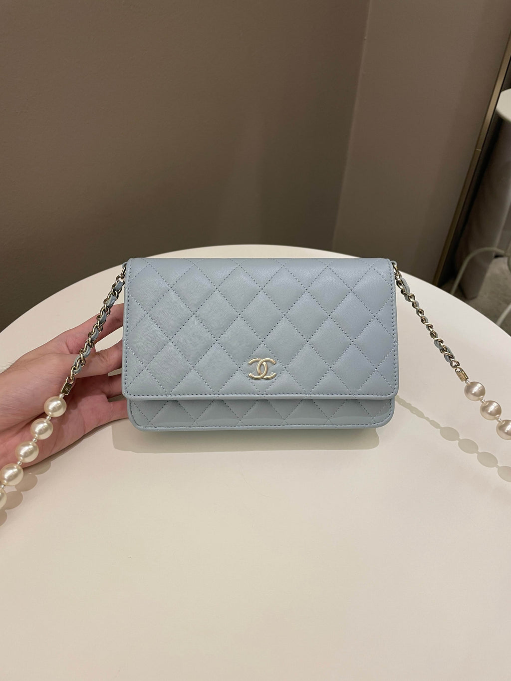 Chanel Quilted Wallet on Chain With Pearls Chain  Baby Blue Lambskin