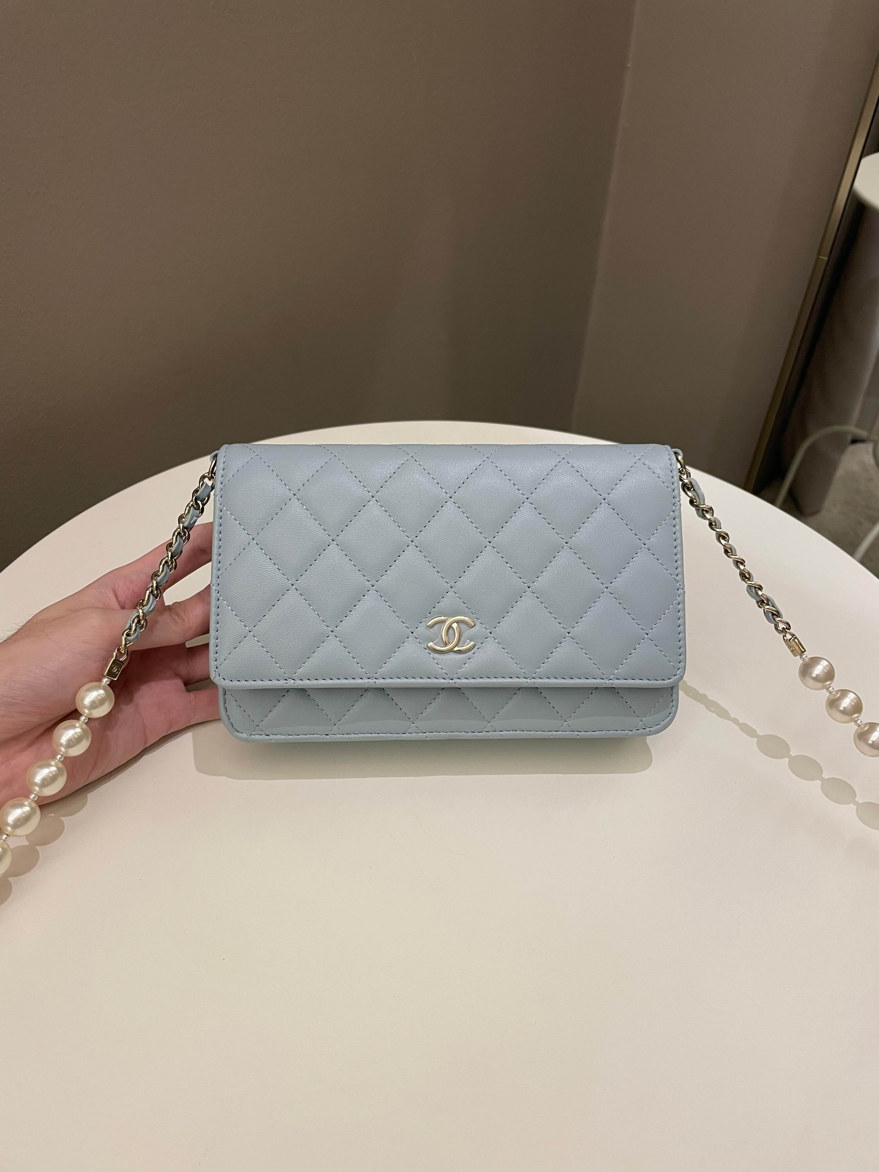 Chanel Quilted Wallet on Chain With Pearls Chain  Baby Blue Lambskin