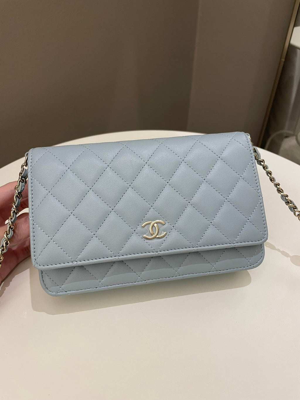 Chanel Quilted Wallet on Chain With Pearls Chain  Baby Blue Lambskin