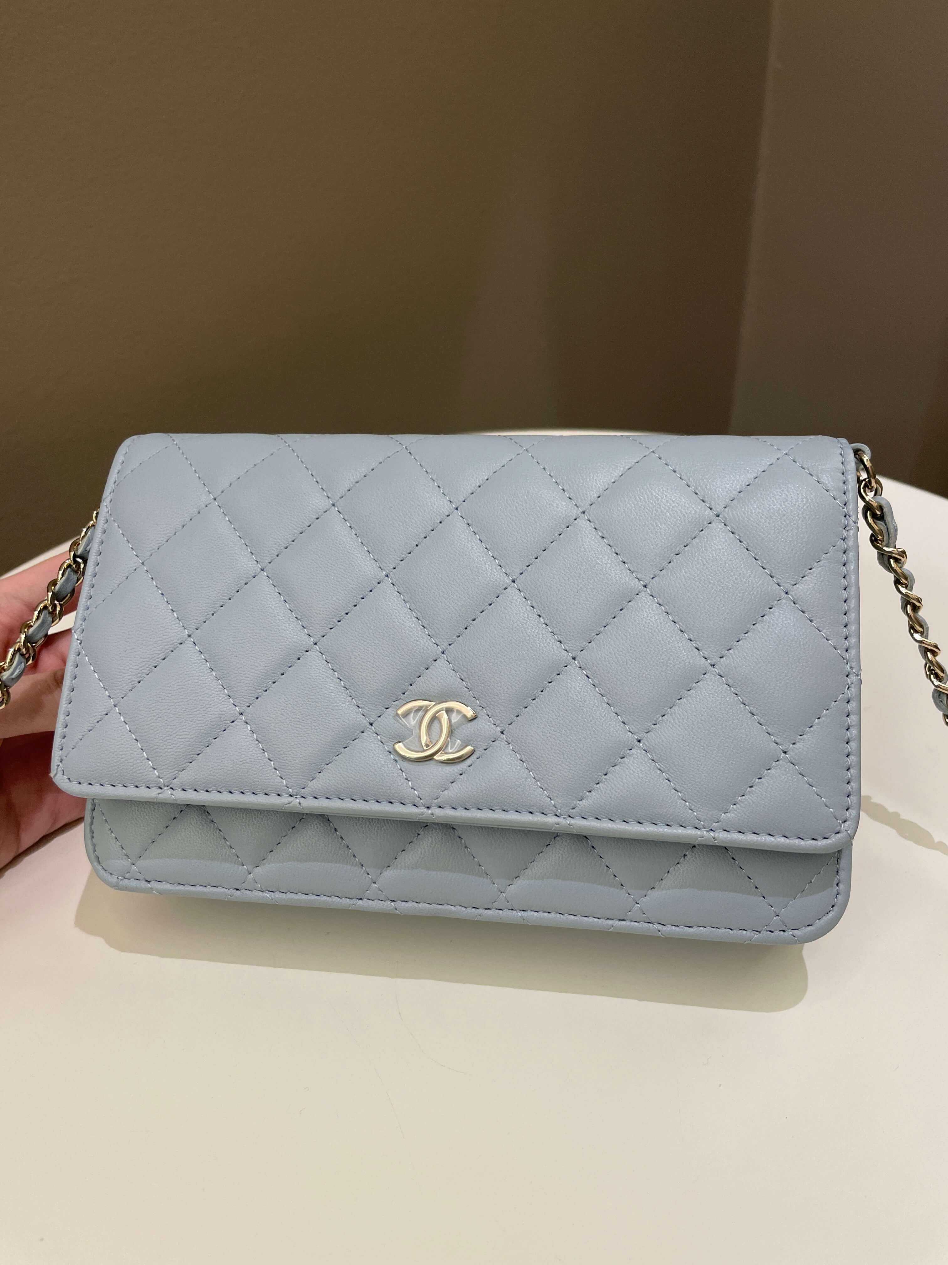 Chanel Quilted Wallet on Chain With Pearls Chain  Baby Blue Lambskin