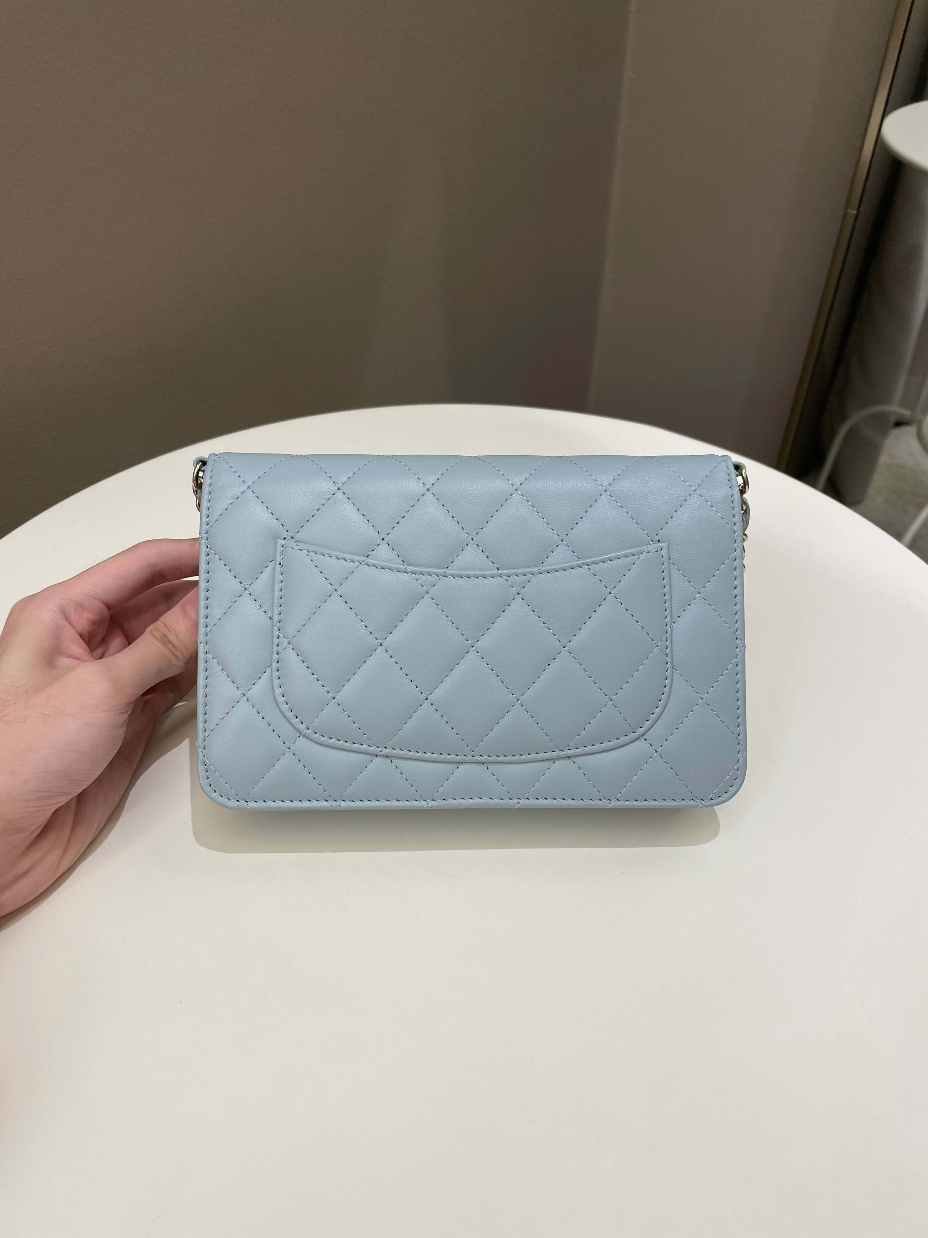 Chanel Quilted Wallet on Chain With Pearls Chain  Baby Blue Lambskin
