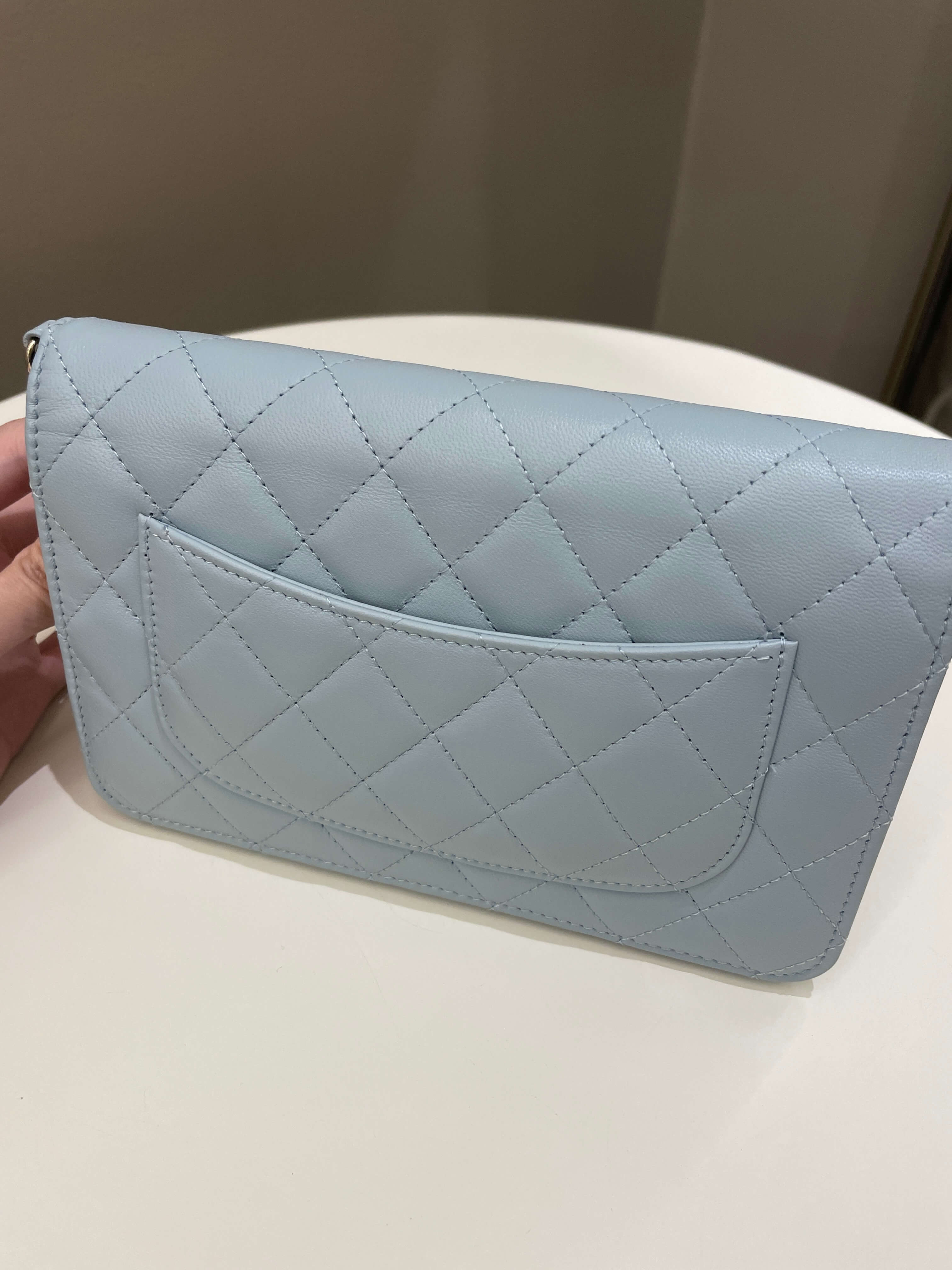 Chanel Quilted Wallet on Chain With Pearls Chain  Baby Blue Lambskin