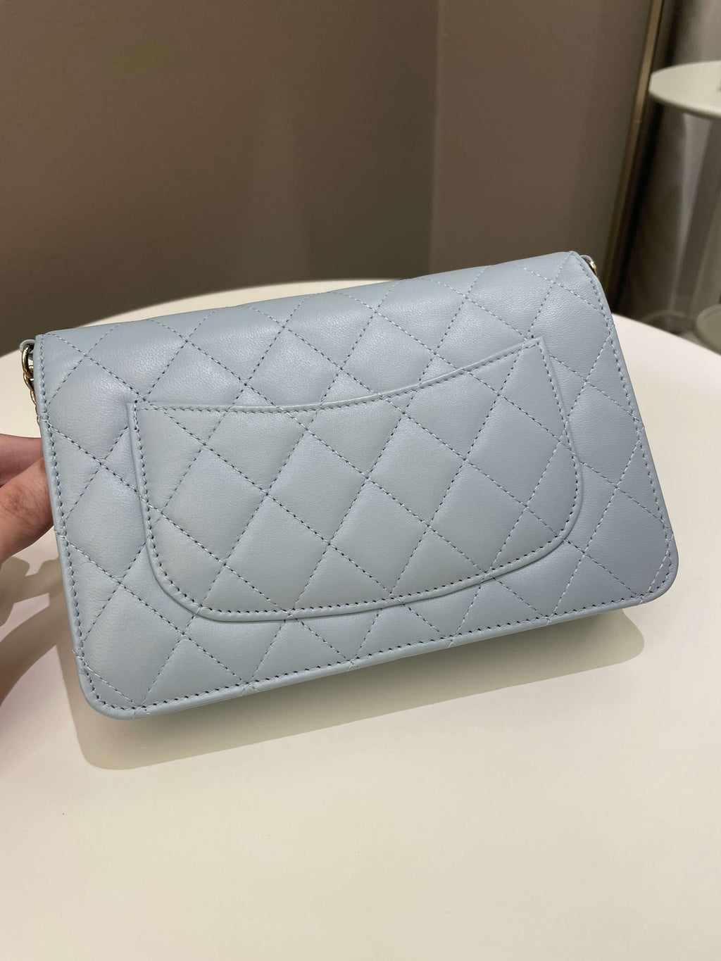Chanel Quilted Wallet on Chain With Pearls Chain  Baby Blue Lambskin