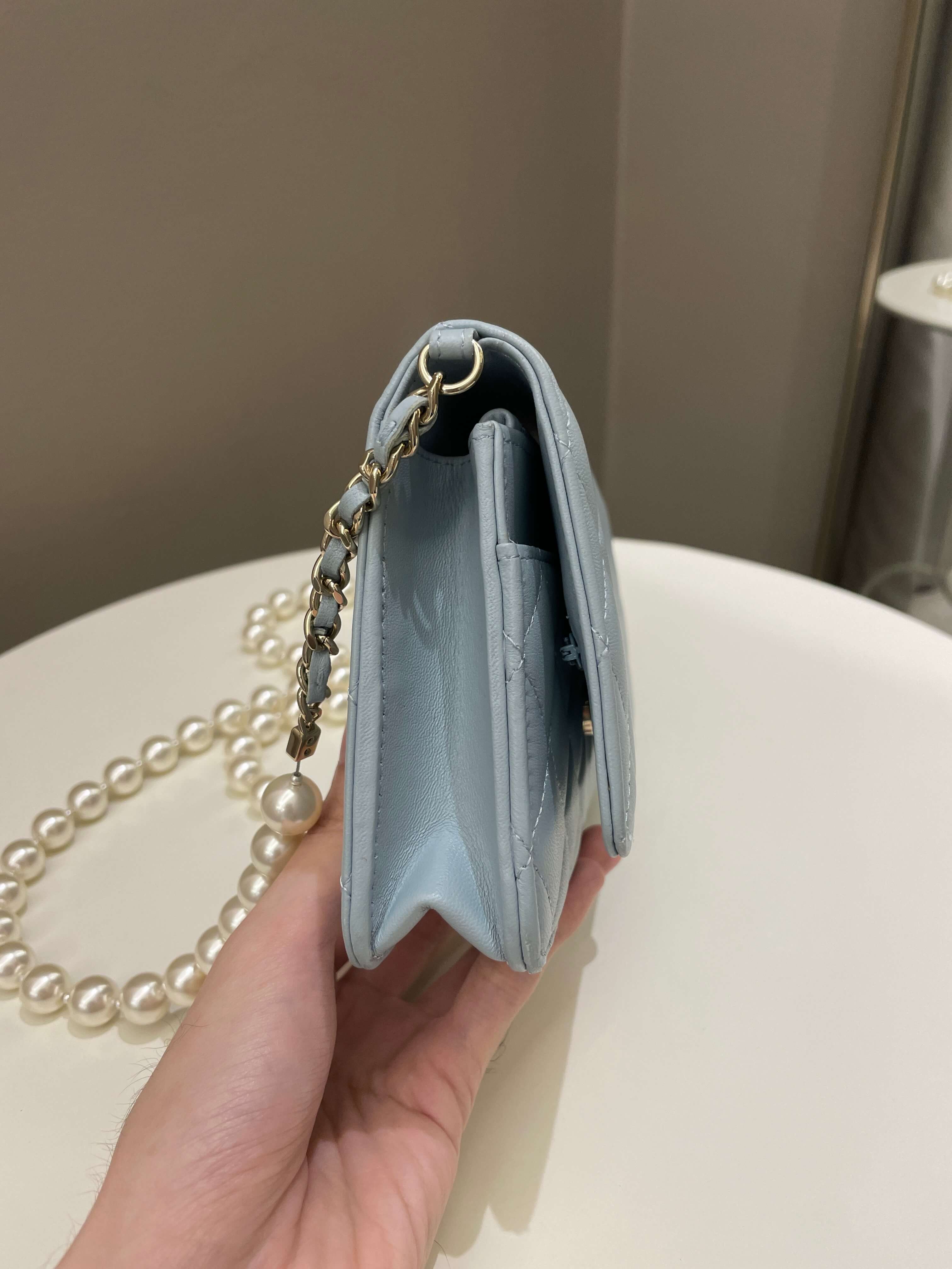 Chanel Quilted Wallet on Chain With Pearls Chain  Baby Blue Lambskin