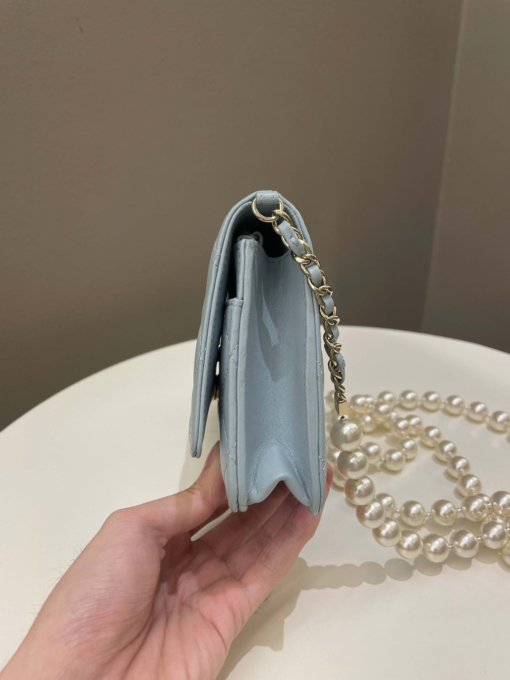 Chanel Quilted Wallet on Chain With Pearls Chain  Baby Blue Lambskin