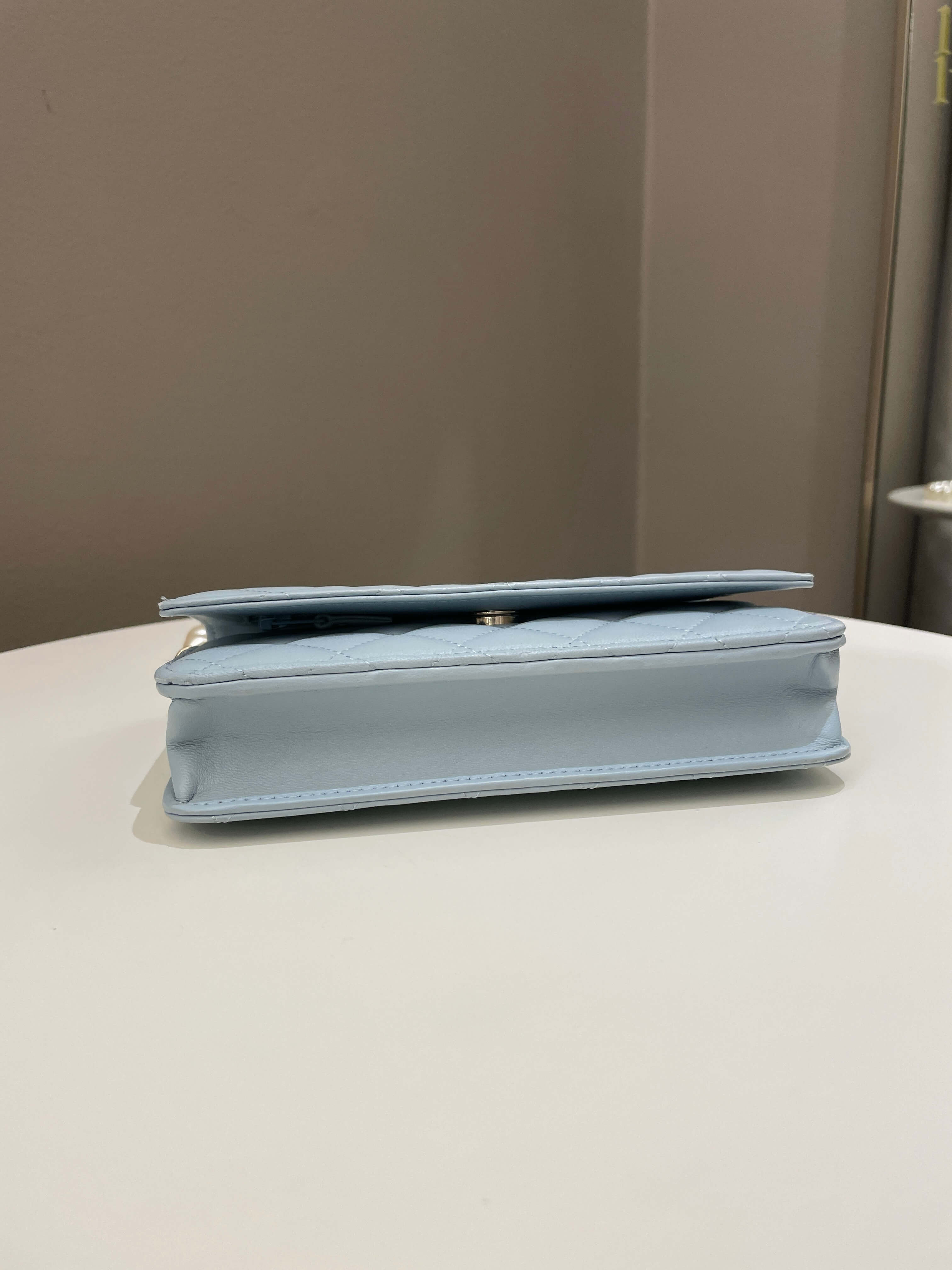 Chanel Quilted Wallet on Chain With Pearls Chain  Baby Blue Lambskin