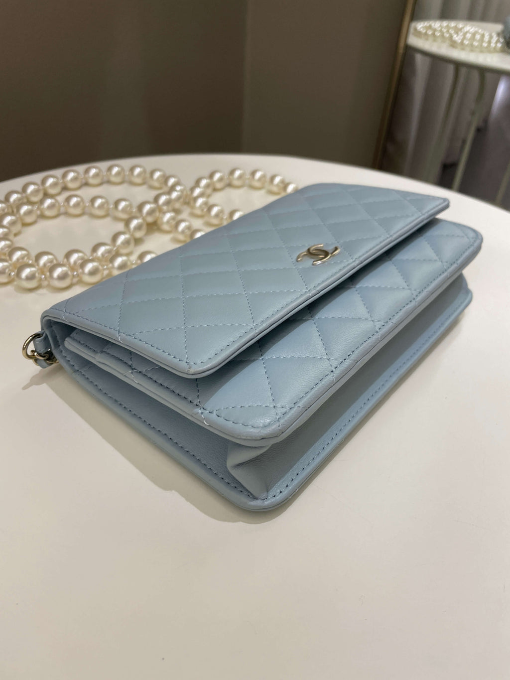 Chanel Quilted Wallet on Chain With Pearls Chain  Baby Blue Lambskin