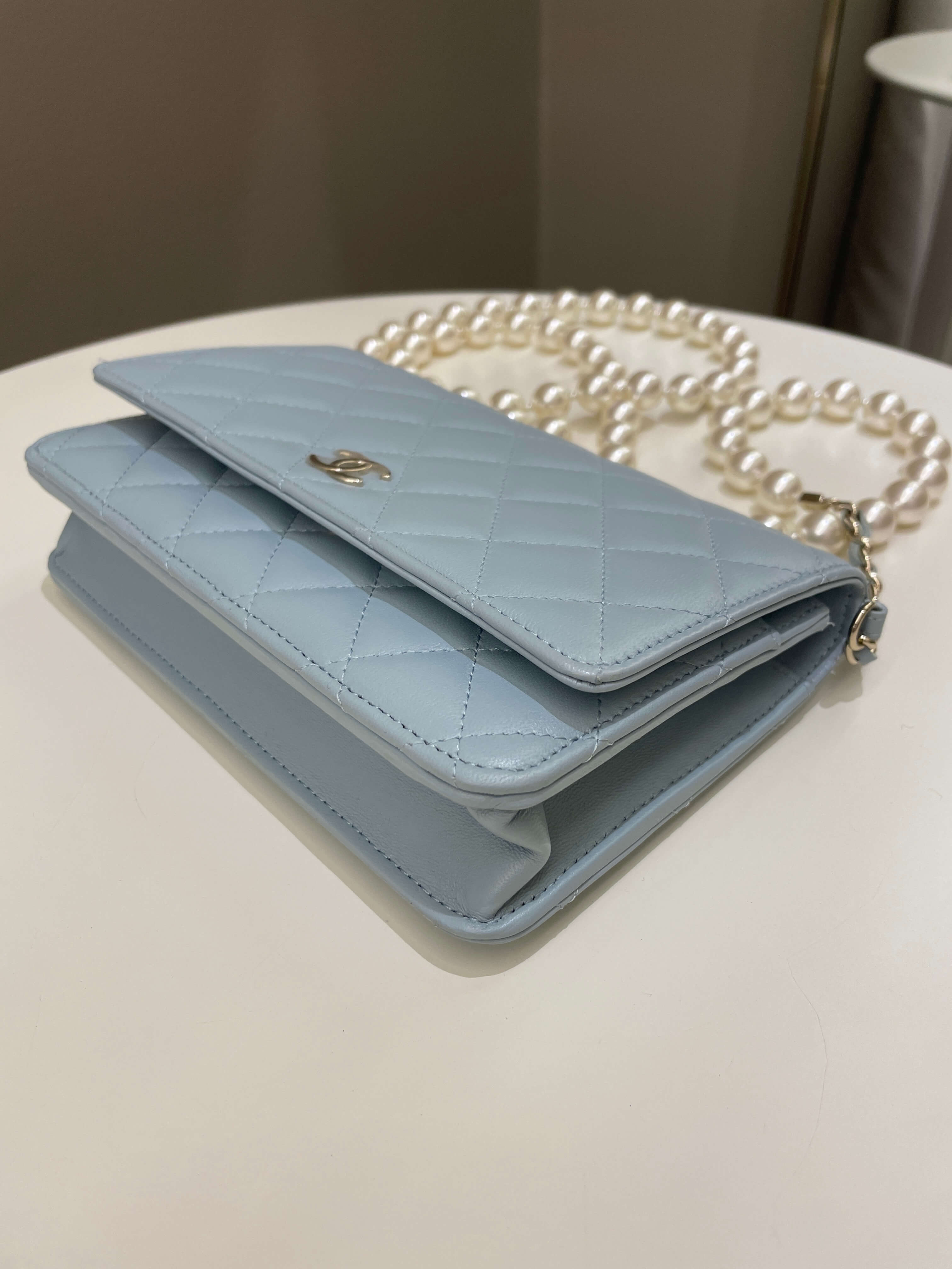 Chanel Quilted Wallet on Chain With Pearls Chain  Baby Blue Lambskin