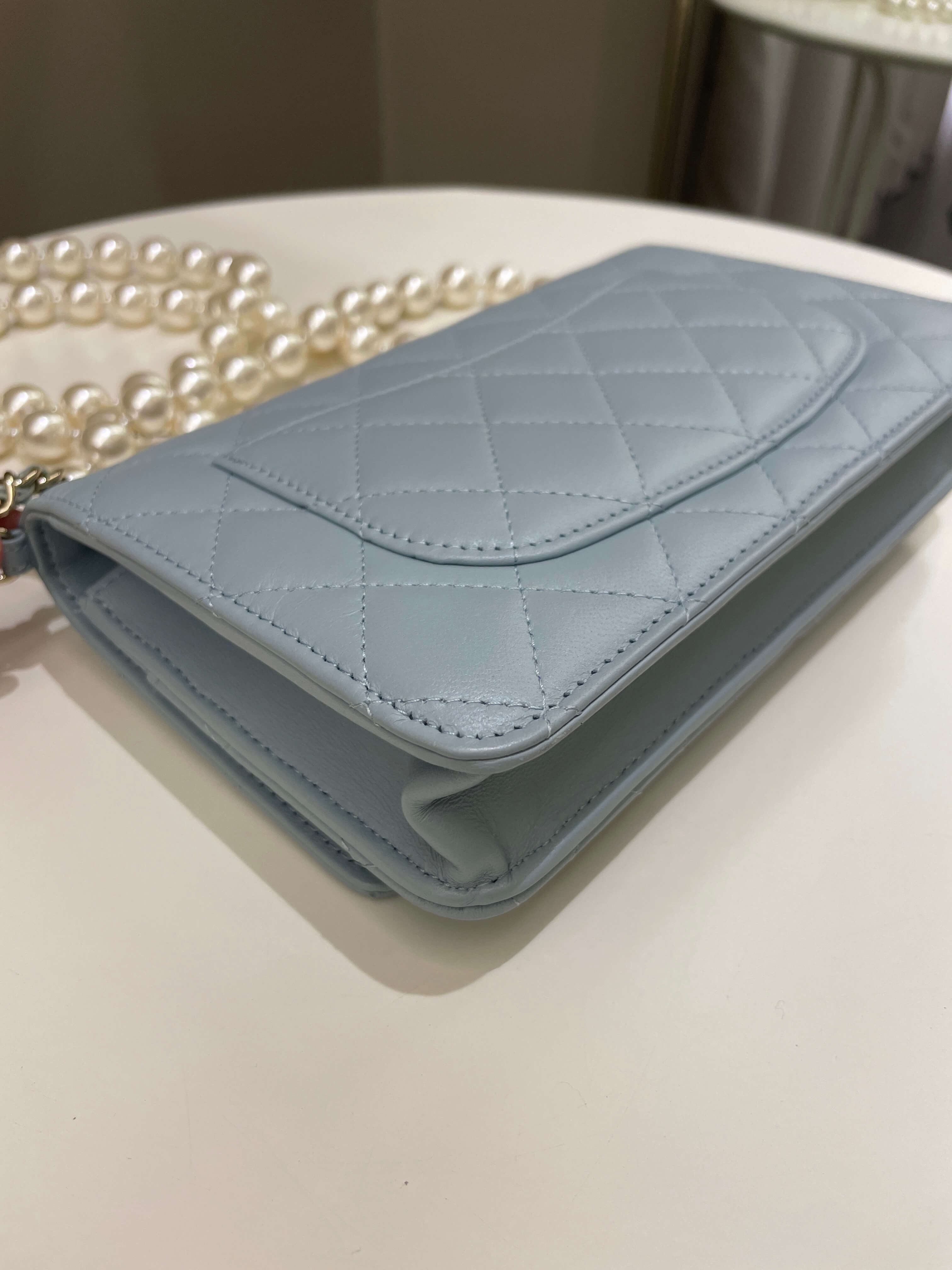 Chanel Quilted Wallet on Chain With Pearls Chain  Baby Blue Lambskin