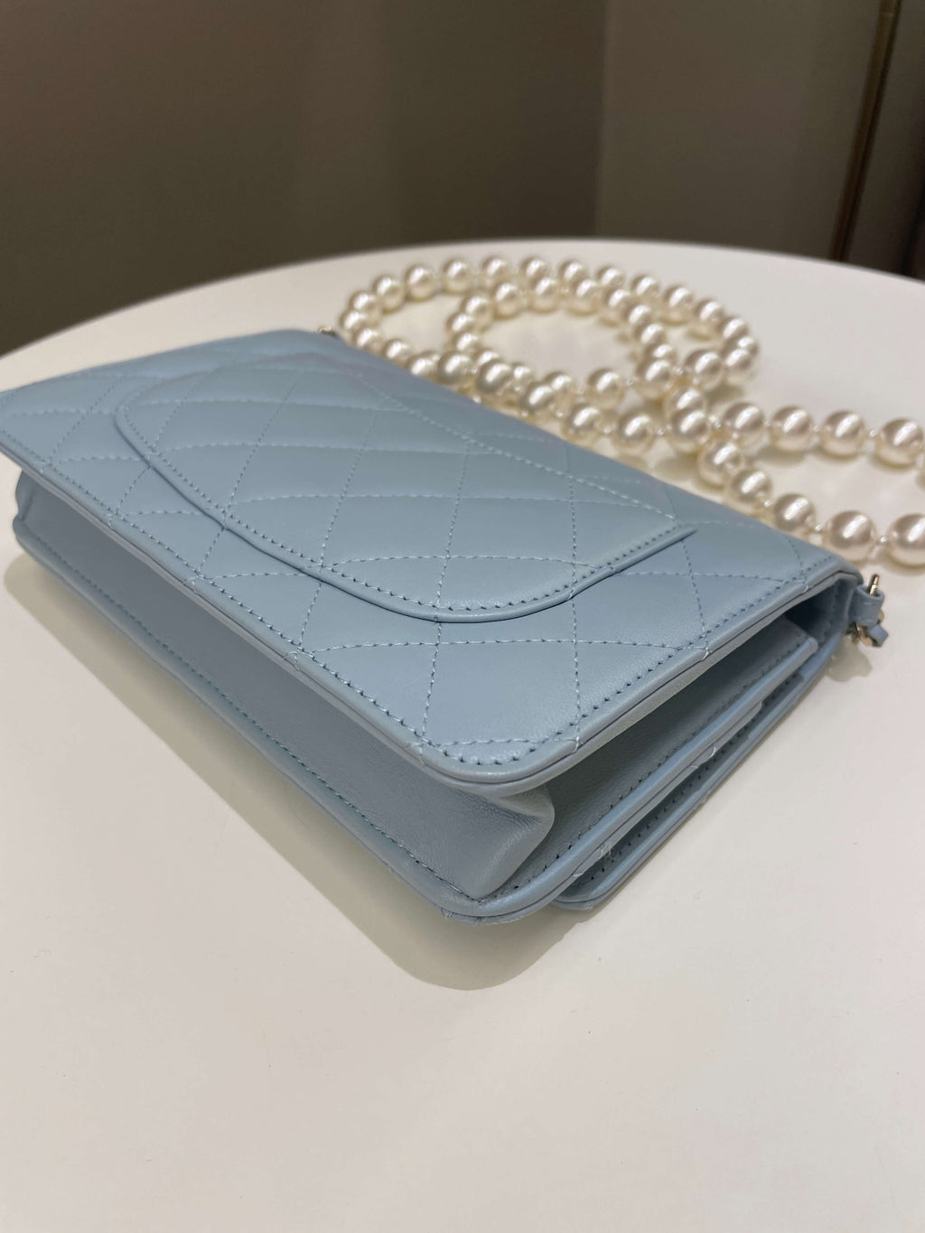 Chanel Quilted Wallet on Chain With Pearls Chain  Baby Blue Lambskin