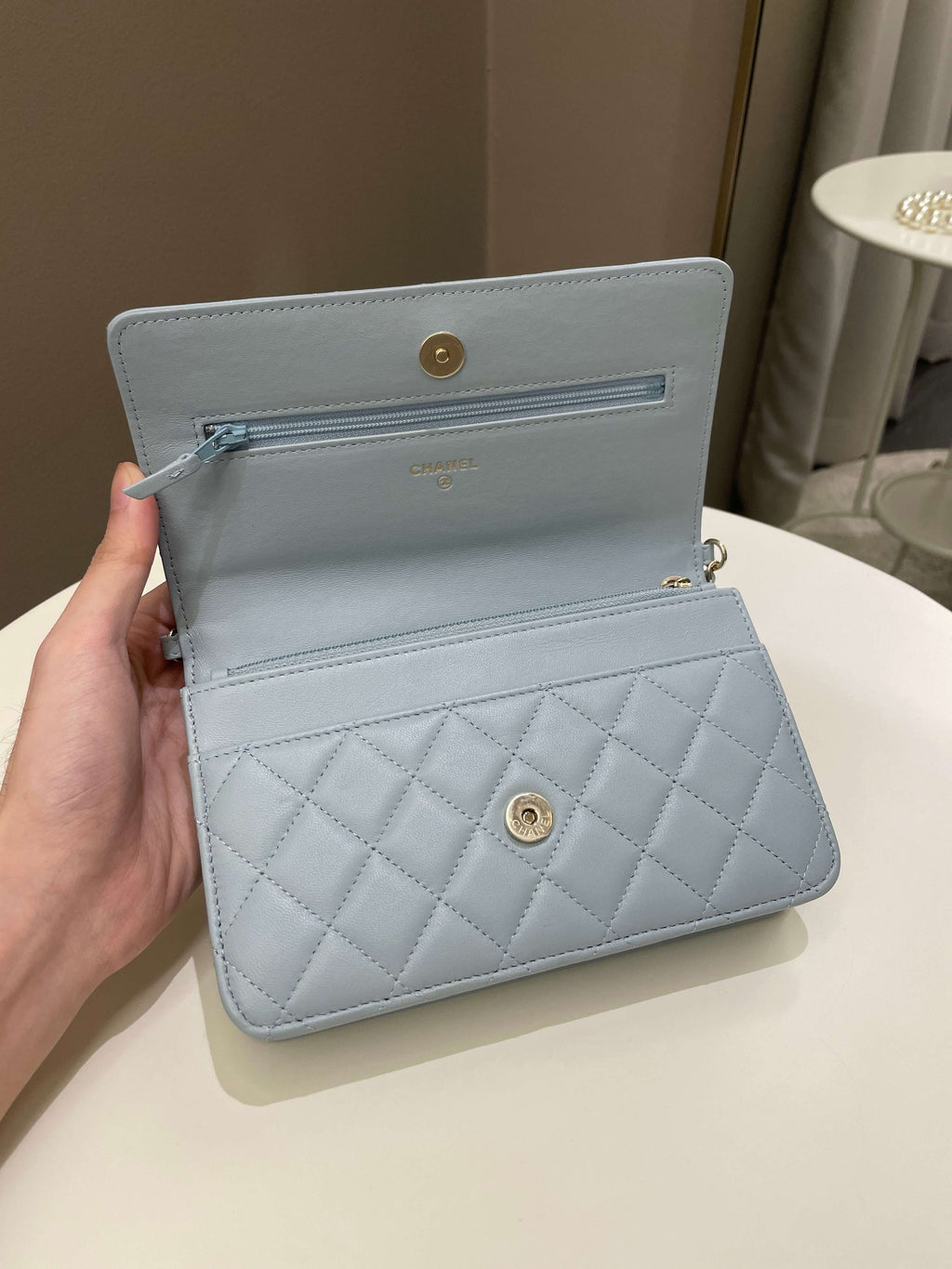 Chanel Quilted Wallet on Chain With Pearls Chain  Baby Blue Lambskin