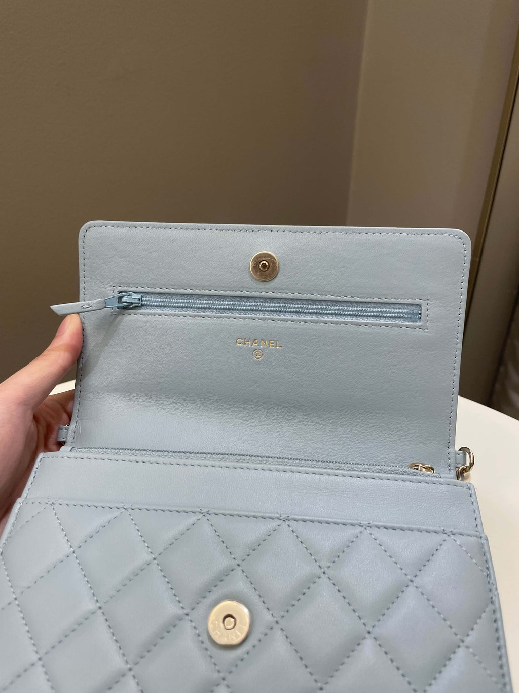 Chanel Quilted Wallet on Chain With Pearls Chain  Baby Blue Lambskin