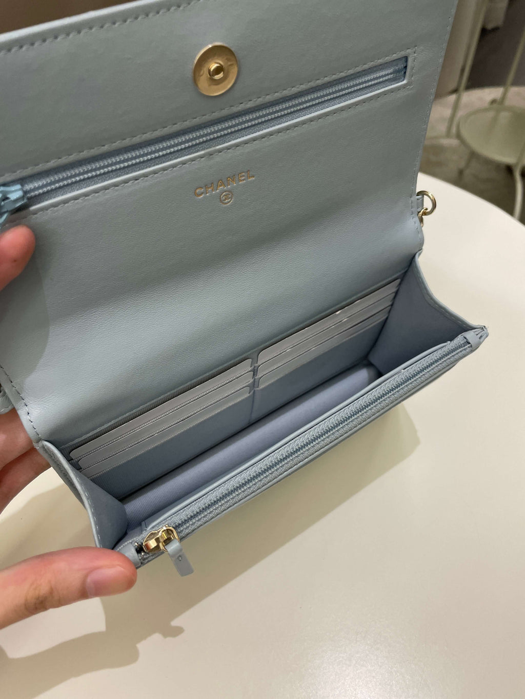 Chanel Quilted Wallet on Chain With Pearls Chain  Baby Blue Lambskin
