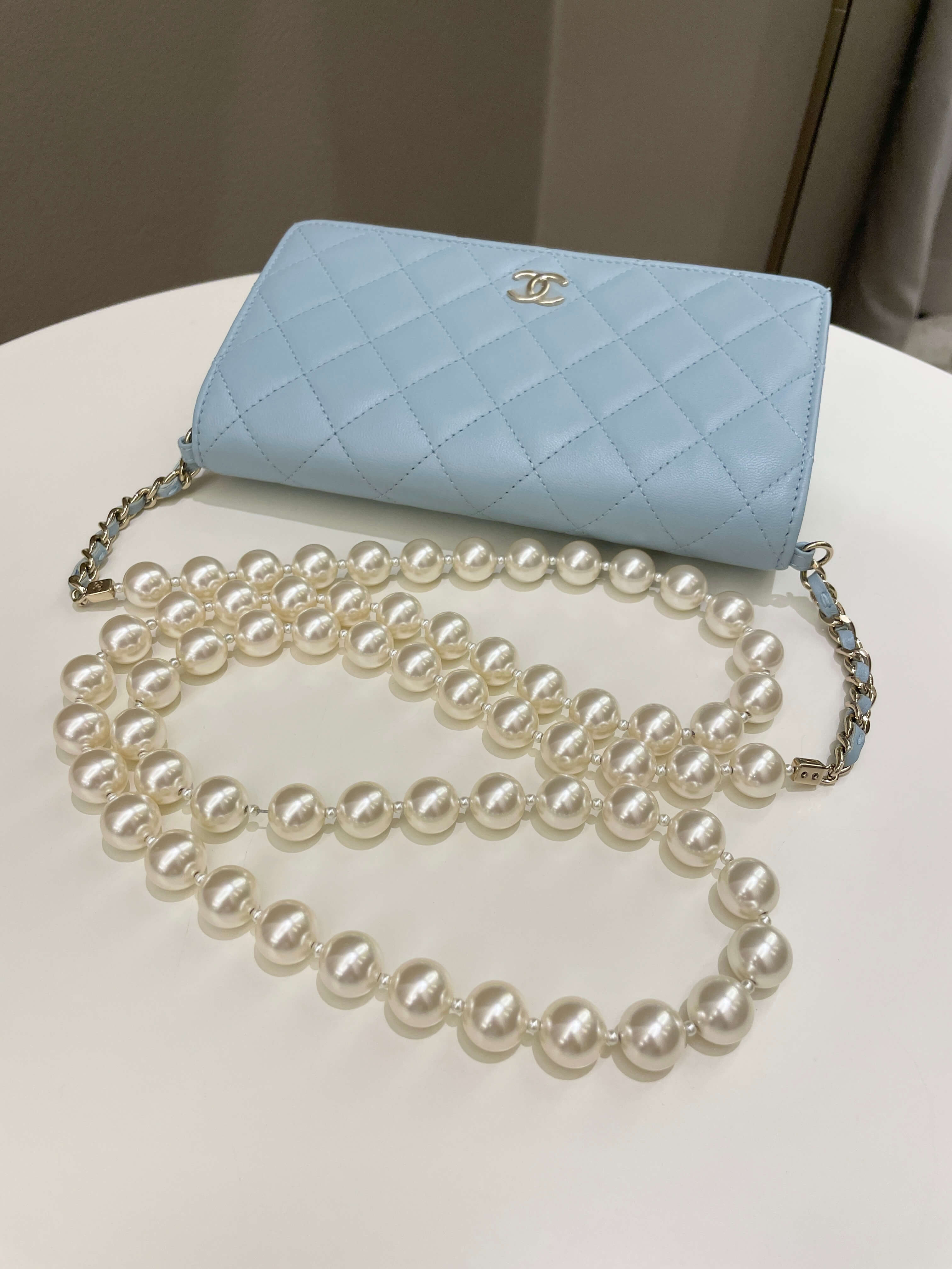 Chanel Quilted Wallet on Chain With Pearls Chain  Baby Blue Lambskin