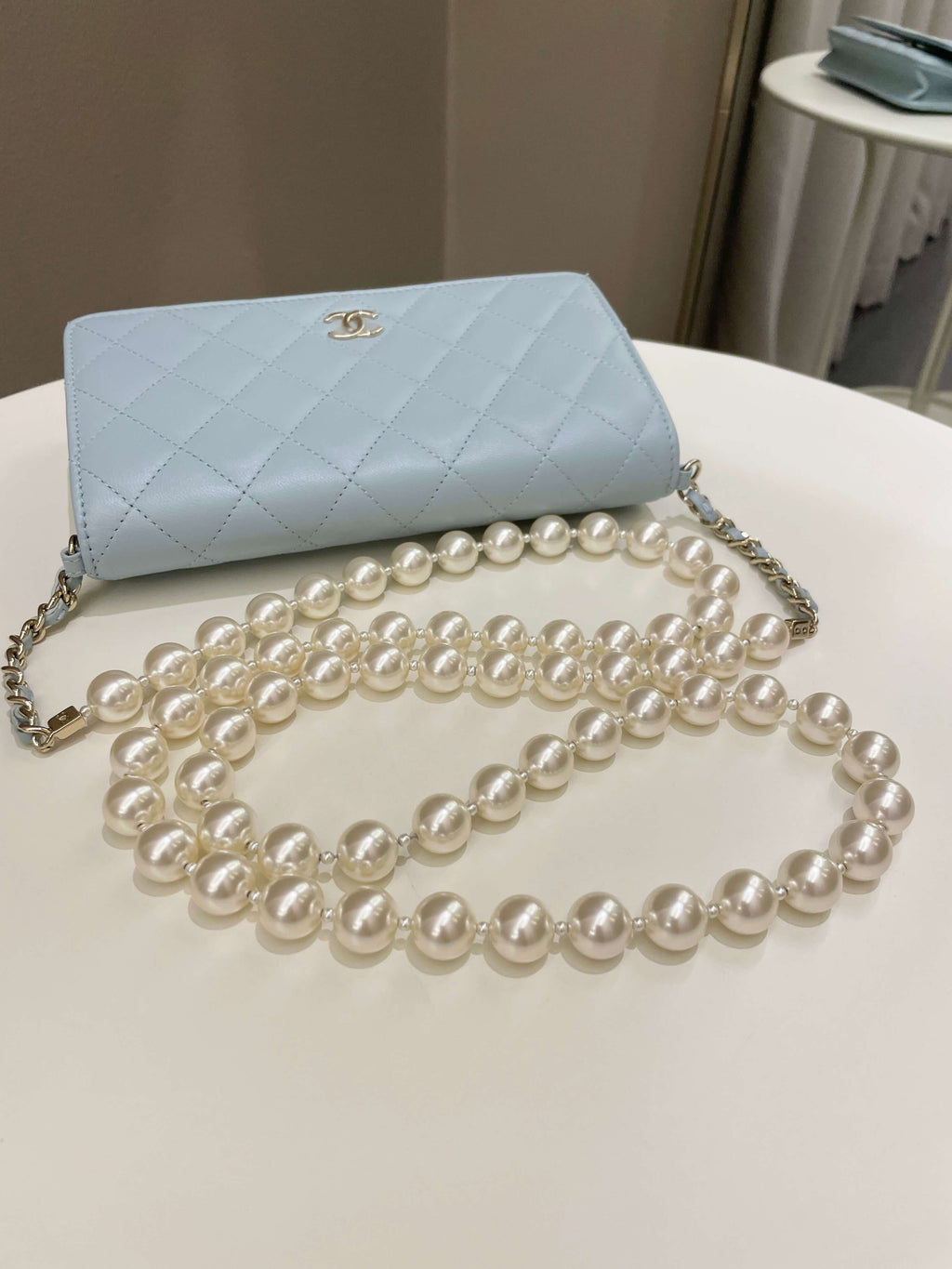Chanel Quilted Wallet on Chain With Pearls Chain  Baby Blue Lambskin