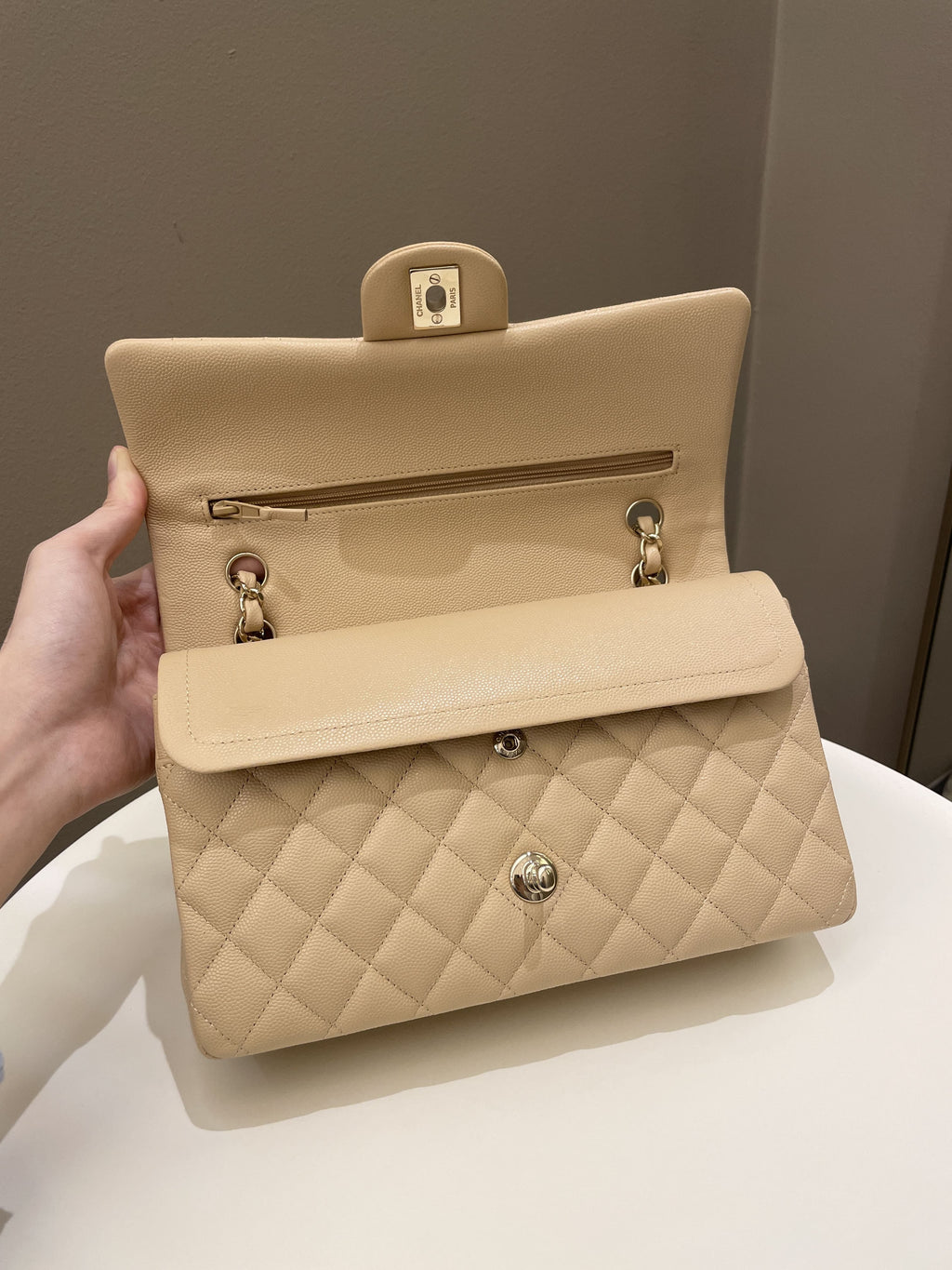 Chanel Classic Quilted Medium Double Flap Beige Caviar