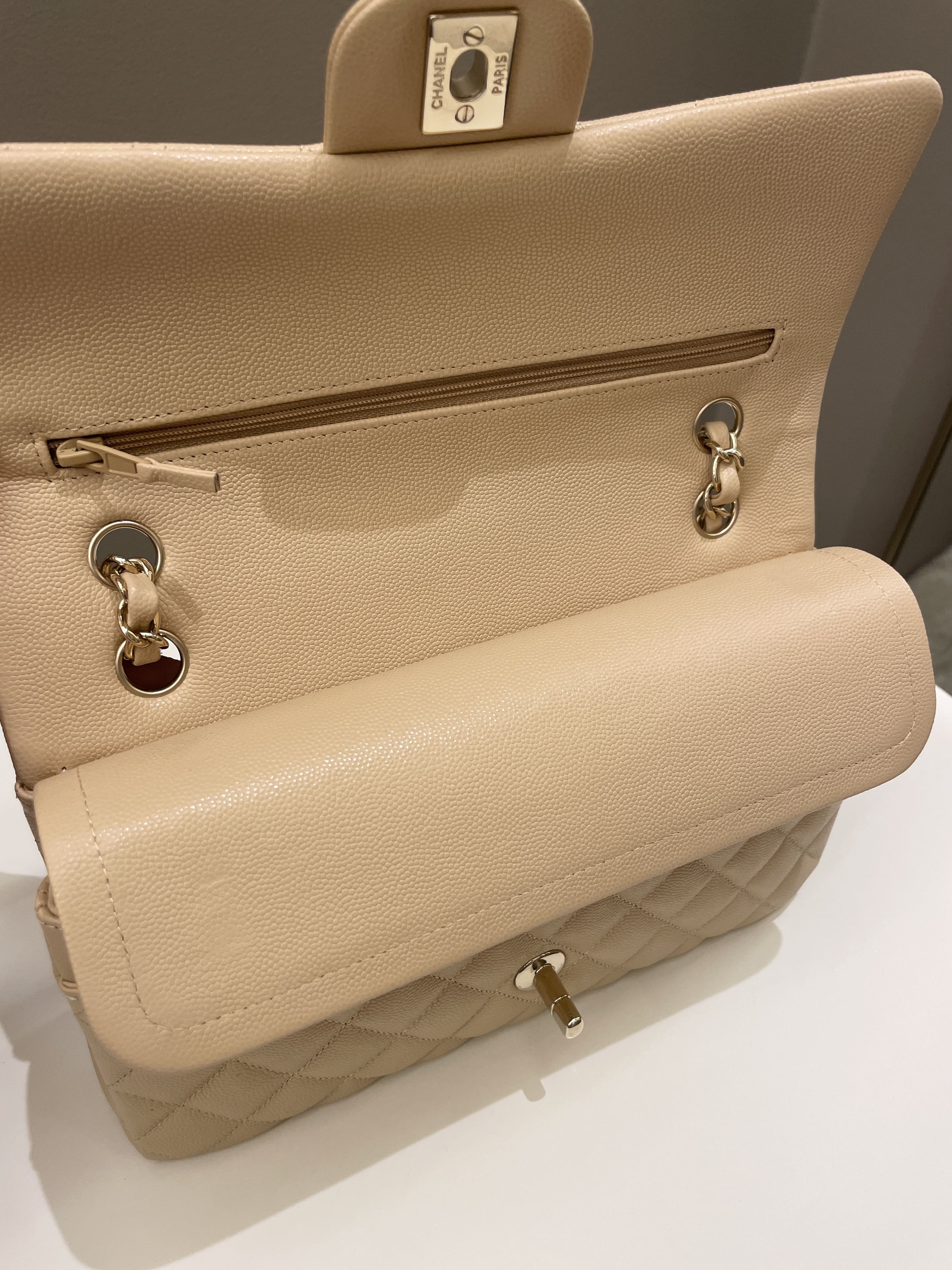 Chanel Classic Quilted Medium Double Flap Beige Caviar