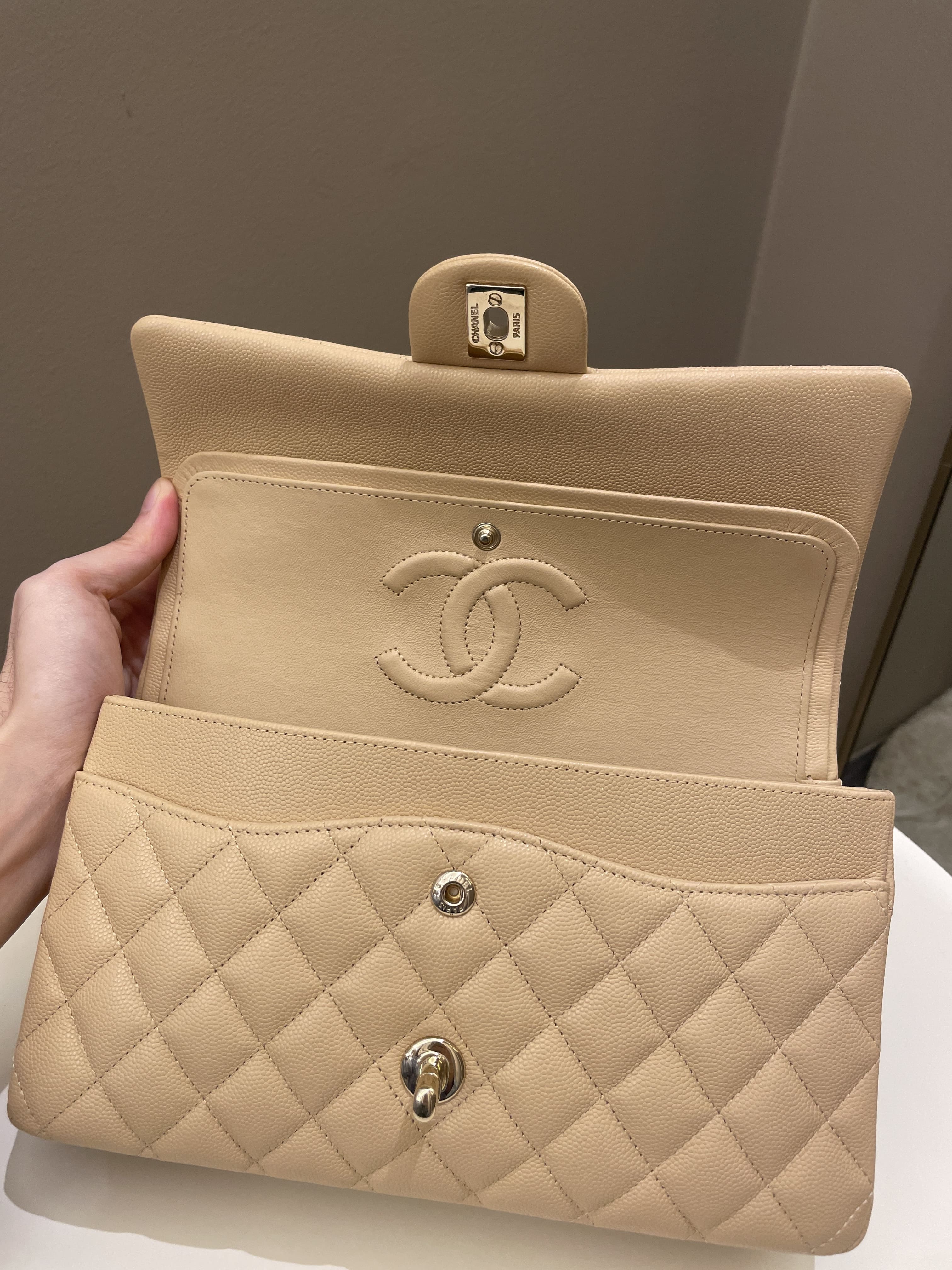 Chanel Classic Quilted Medium Double Flap Beige Caviar