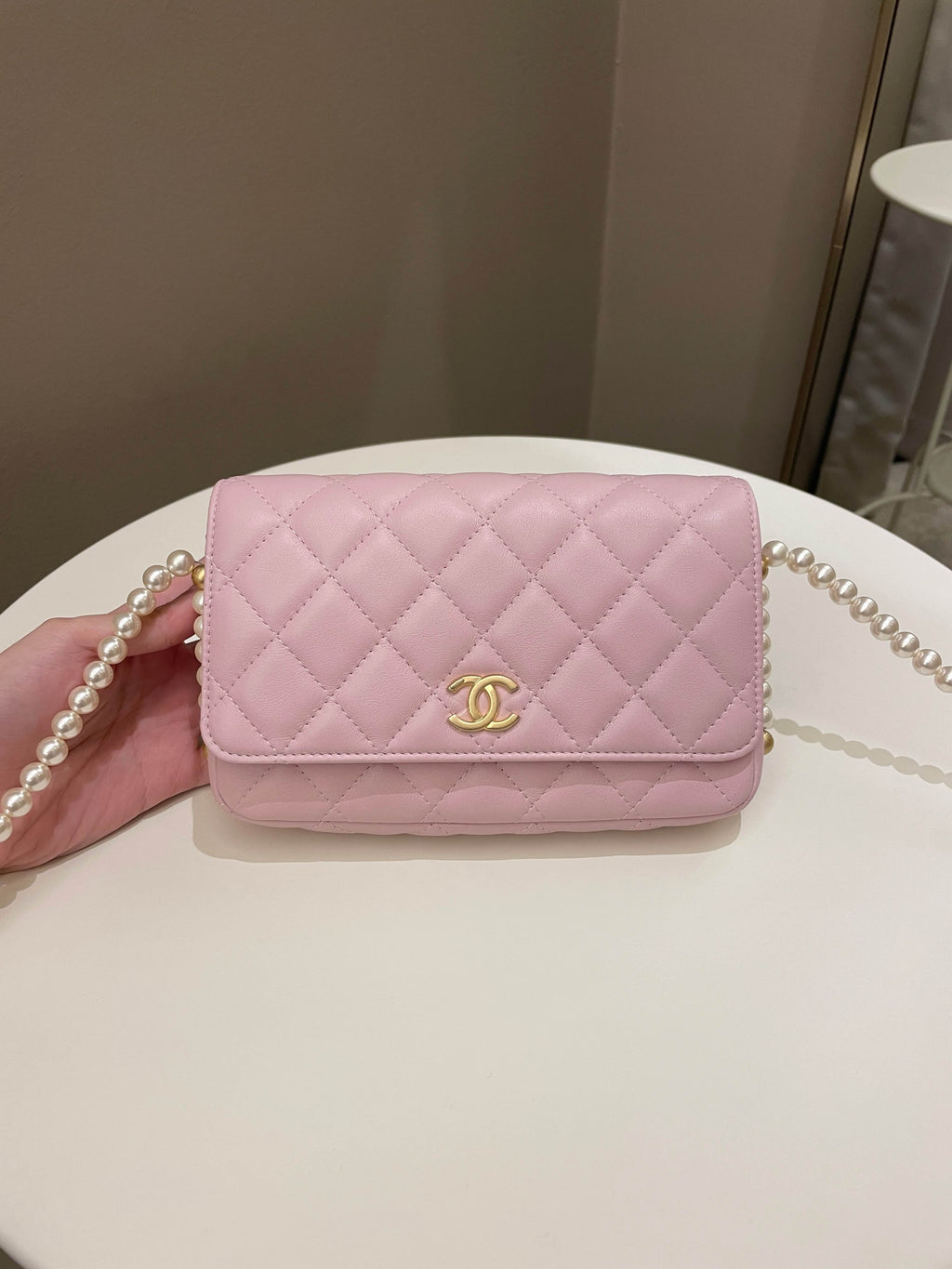 Chanel 21S Quilted Wallet On Chain With Pearl Baby Pink Lambskin