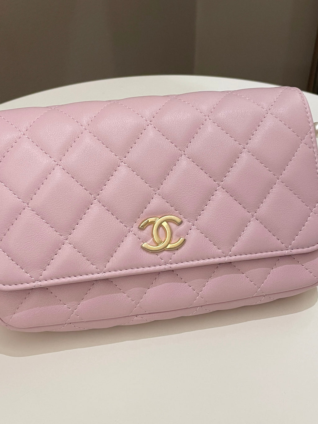 Chanel 21S Quilted Wallet On Chain With Pearl Baby Pink Lambskin