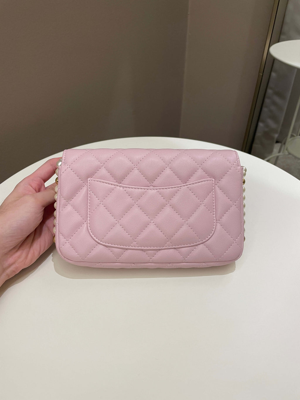 Chanel 21S Quilted Wallet On Chain With Pearl Baby Pink Lambskin