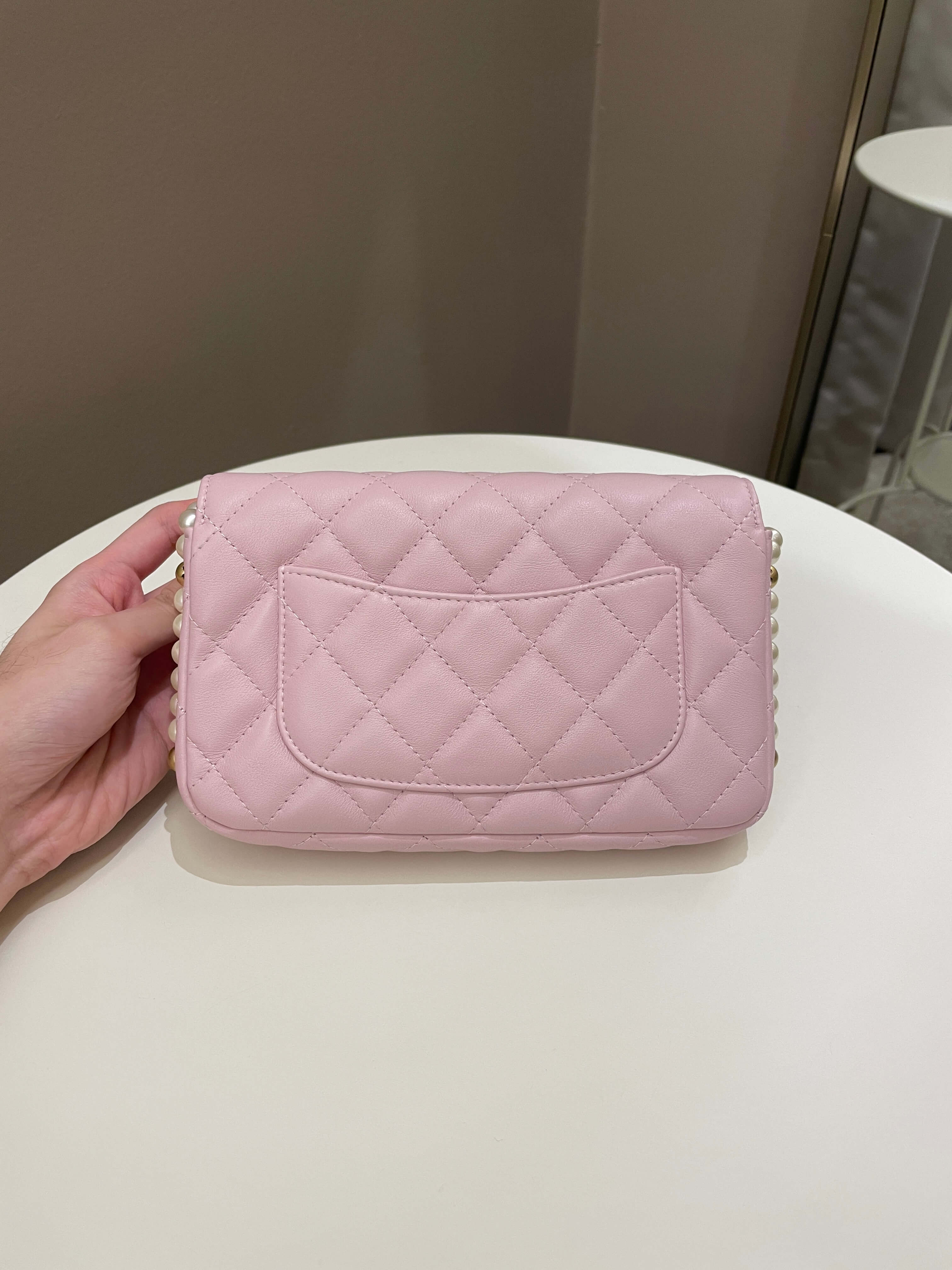 Chanel 21S Quilted Wallet On Chain With Pearl Baby Pink Lambskin