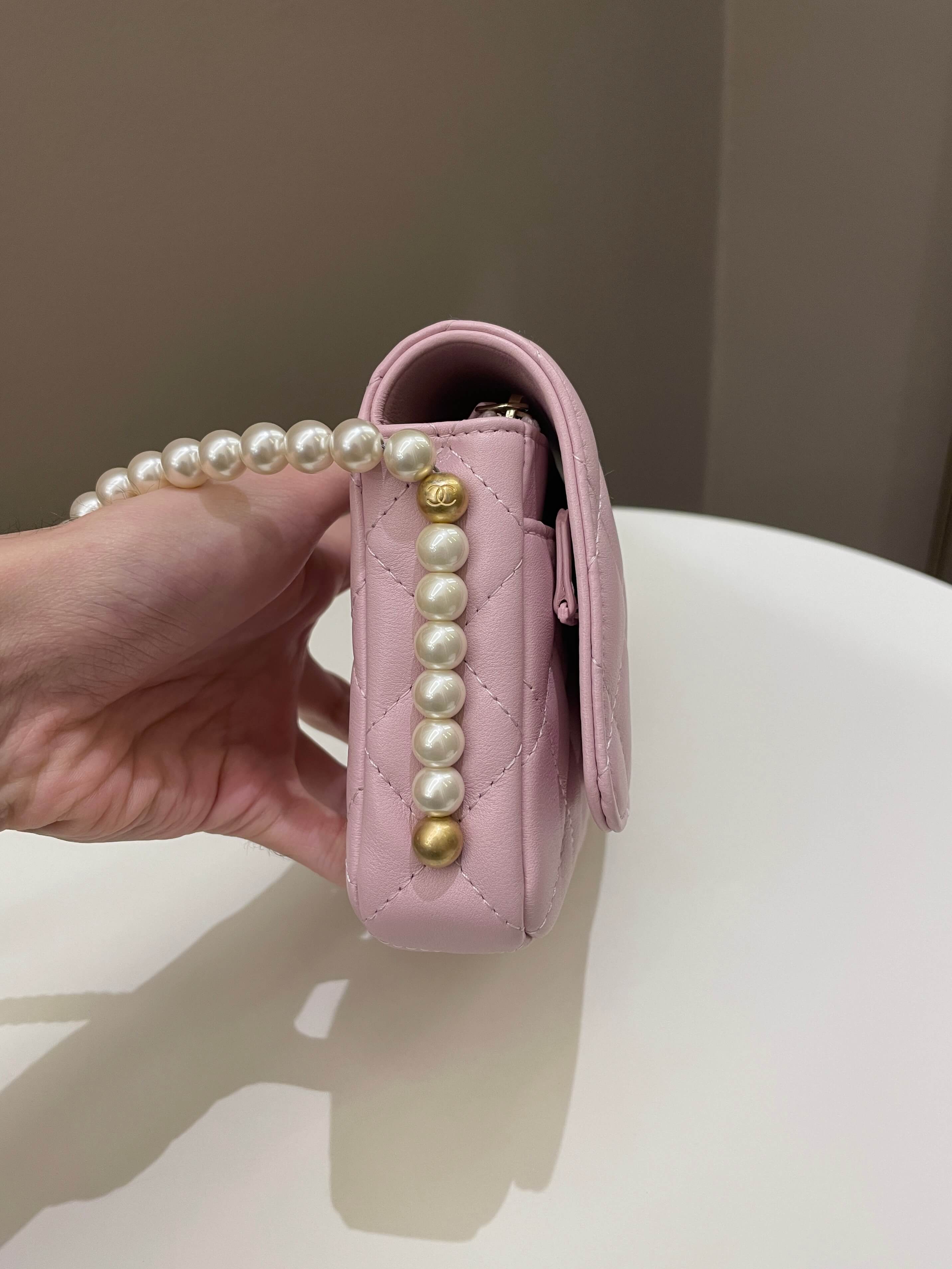 Chanel 21S Quilted Wallet On Chain With Pearl Baby Pink Lambskin