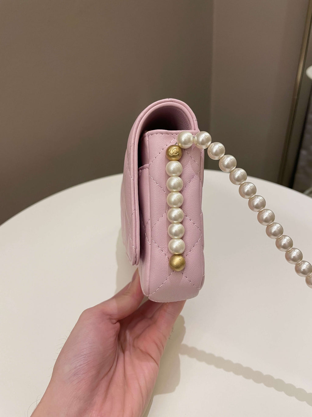 Chanel 21S Quilted Wallet On Chain With Pearl Baby Pink Lambskin