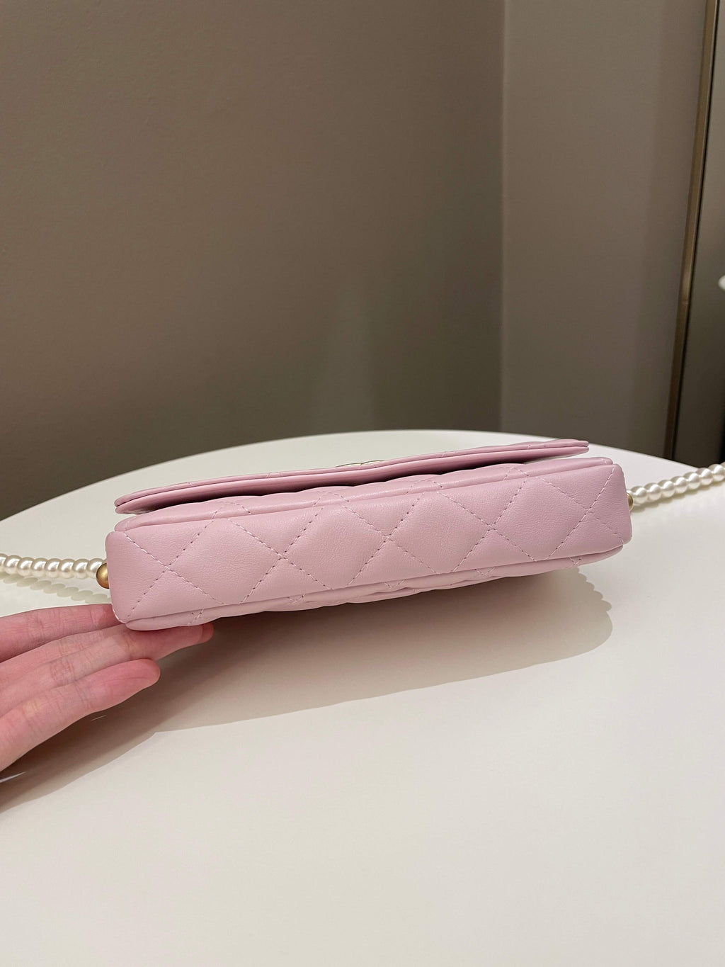 Chanel 21S Quilted Wallet On Chain With Pearl Baby Pink Lambskin