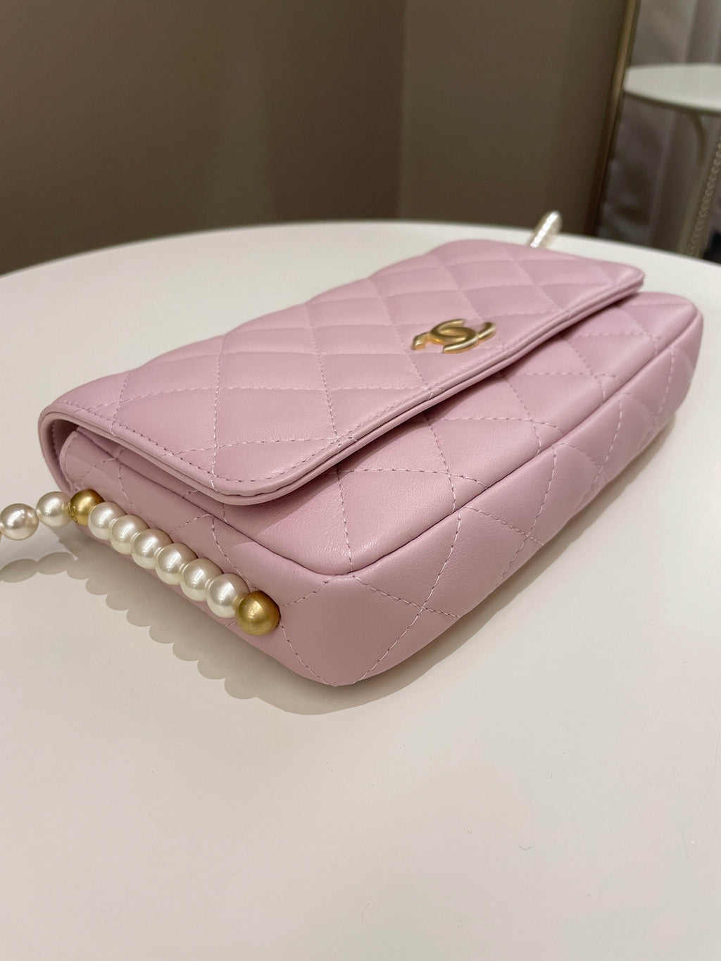 Chanel 21S Quilted Wallet On Chain With Pearl Baby Pink Lambskin