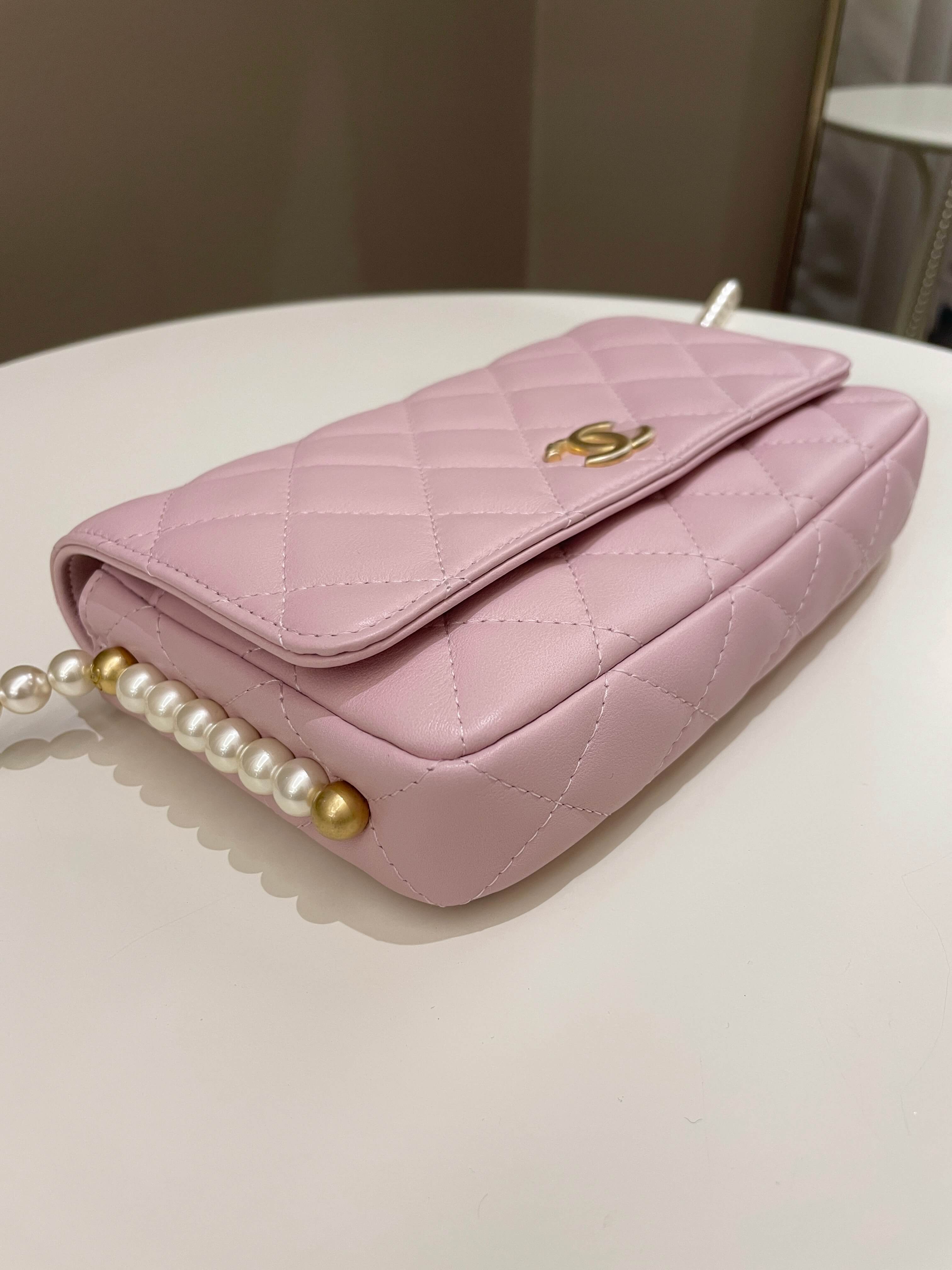 Chanel 21S Quilted Wallet On Chain With Pearl Baby Pink Lambskin