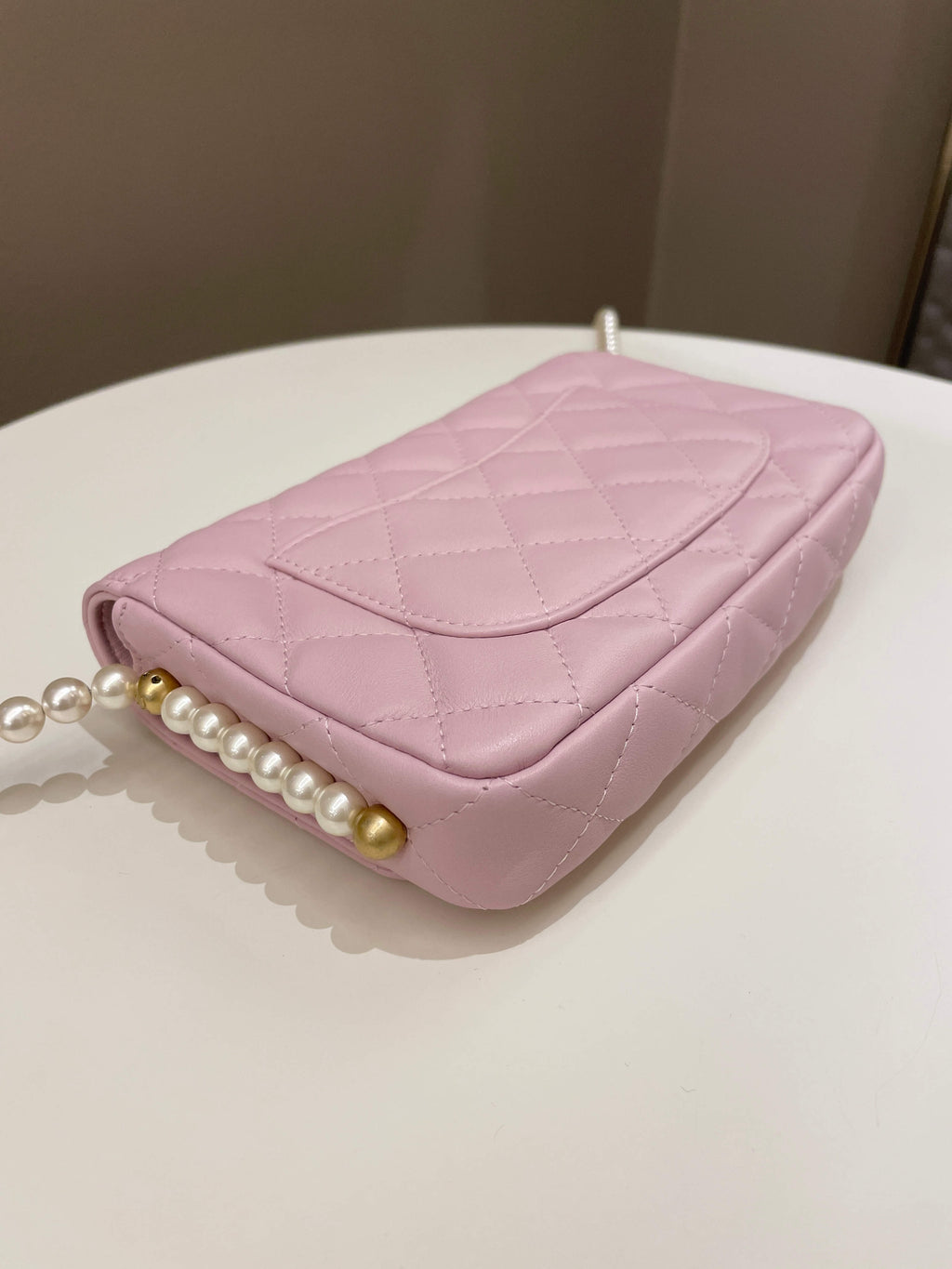Chanel 21S Quilted Wallet On Chain With Pearl Baby Pink Lambskin