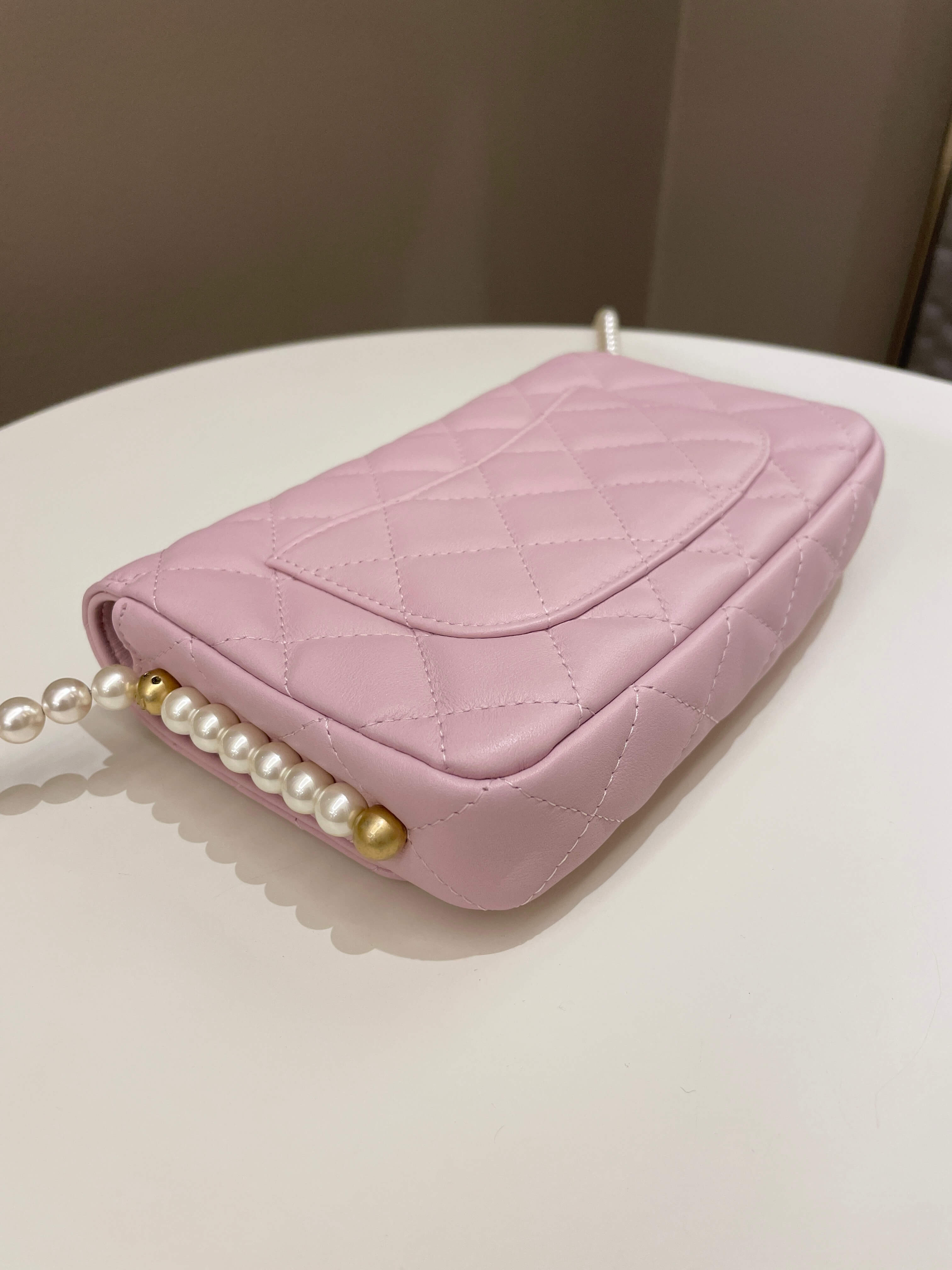 Chanel 21S Quilted Wallet On Chain With Pearl Baby Pink Lambskin