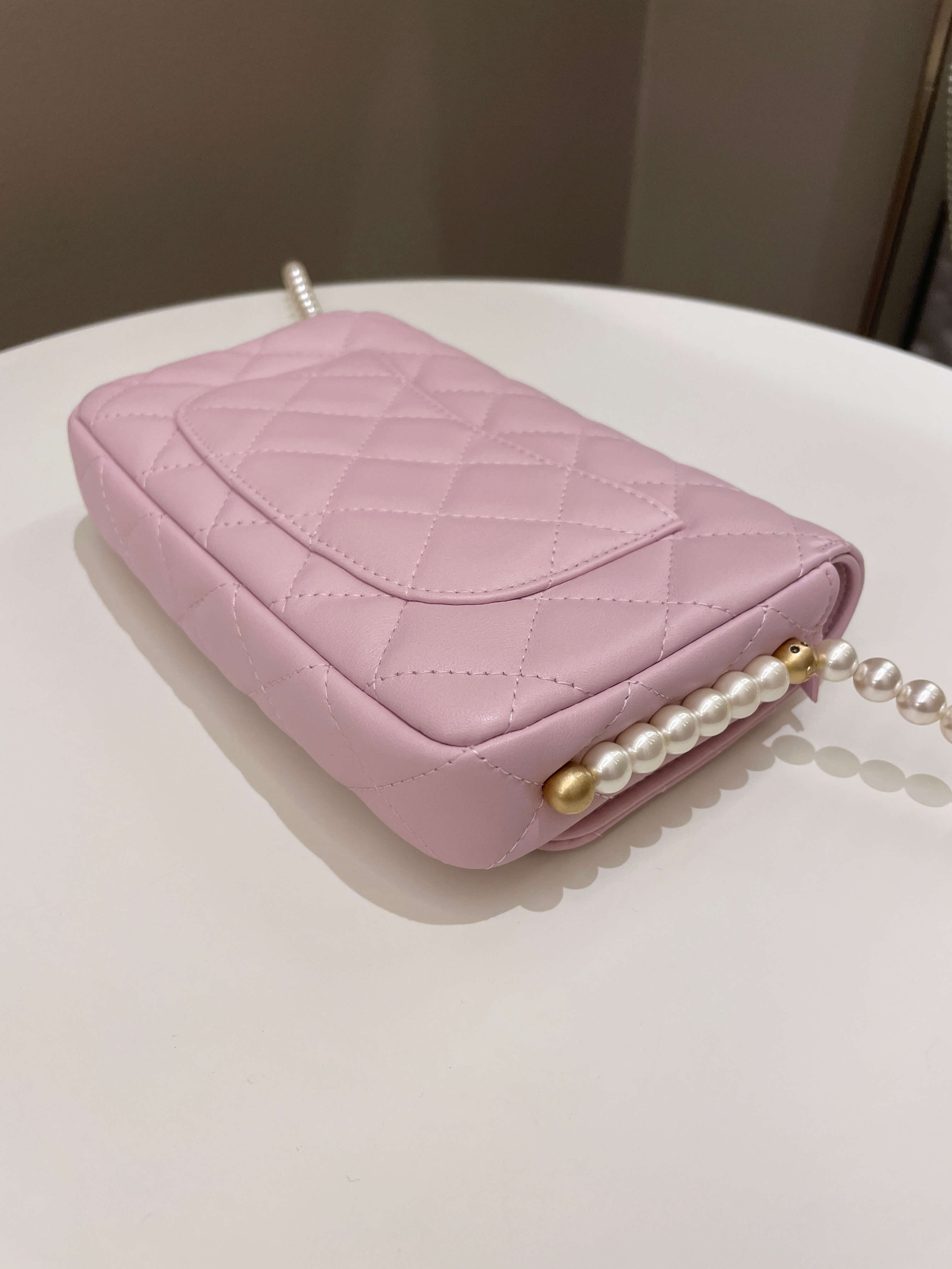 Chanel 21S Quilted Wallet On Chain With Pearl Baby Pink Lambskin