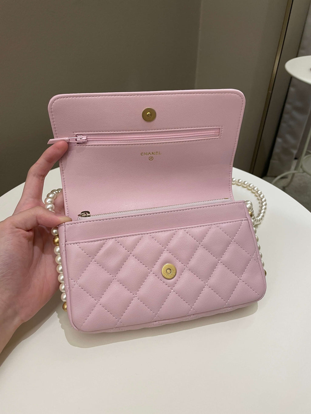 Chanel 21S Quilted Wallet On Chain With Pearl Baby Pink Lambskin