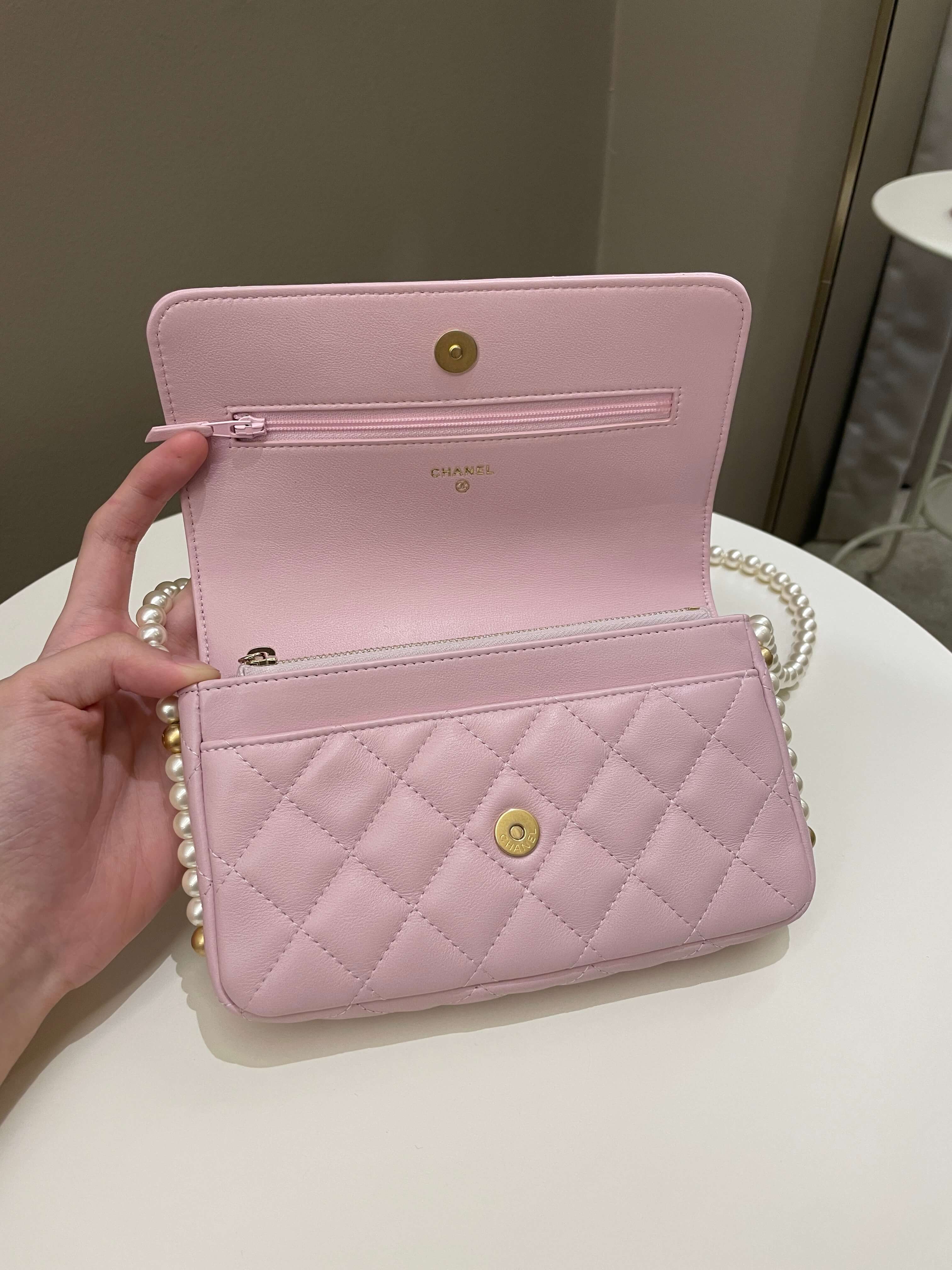 Chanel 21S Quilted Wallet On Chain With Pearl Baby Pink Lambskin