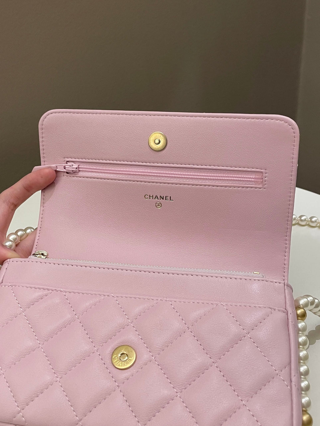 Chanel 21S Quilted Wallet On Chain With Pearl Baby Pink Lambskin