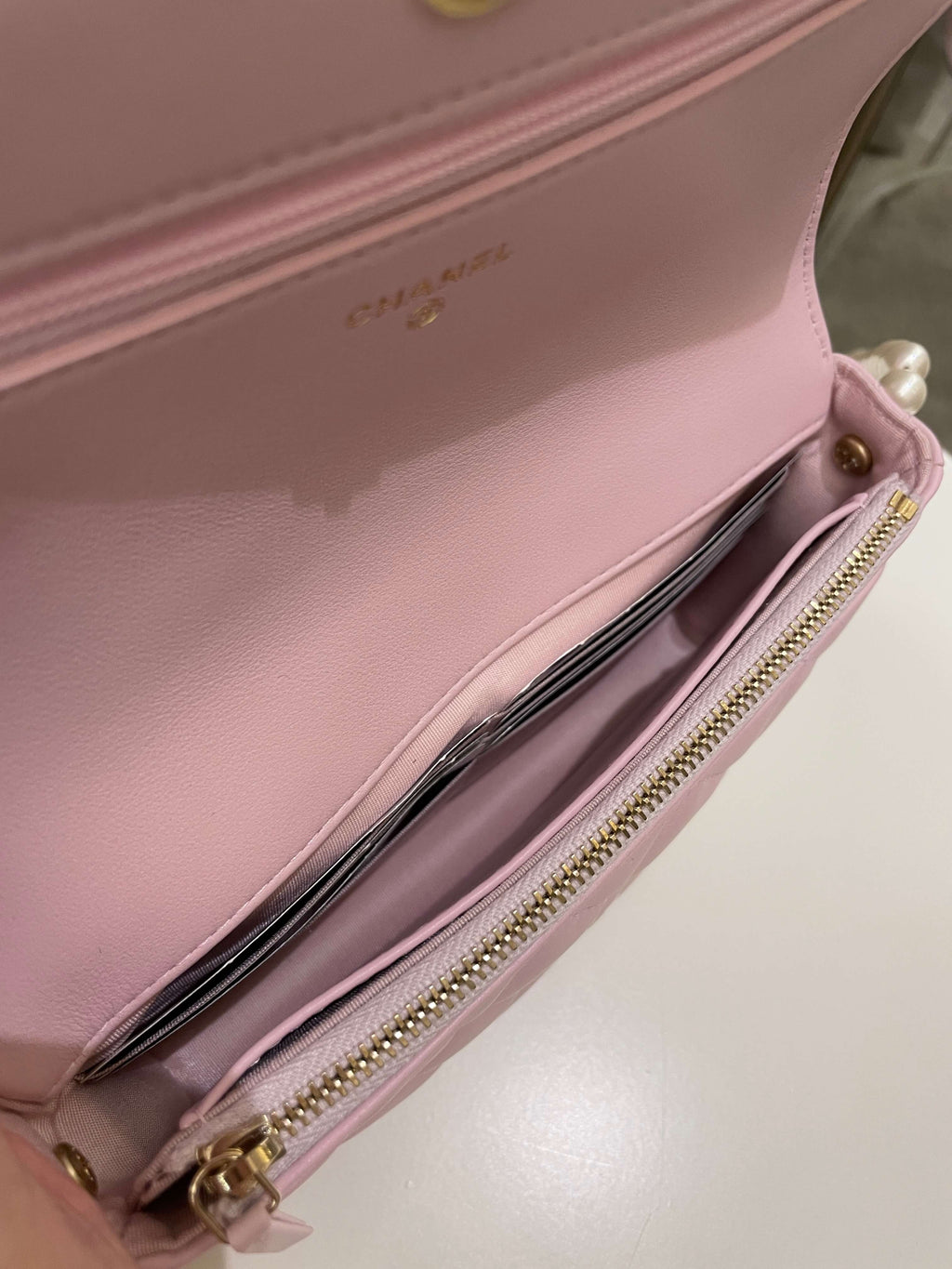 Chanel 21S Quilted Wallet On Chain With Pearl Baby Pink Lambskin