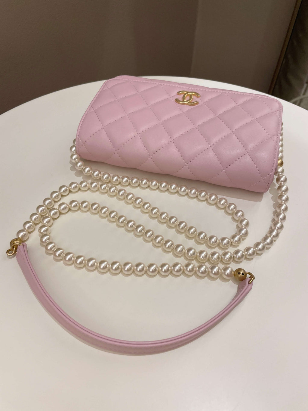 Chanel 21S Quilted Wallet On Chain With Pearl Baby Pink Lambskin