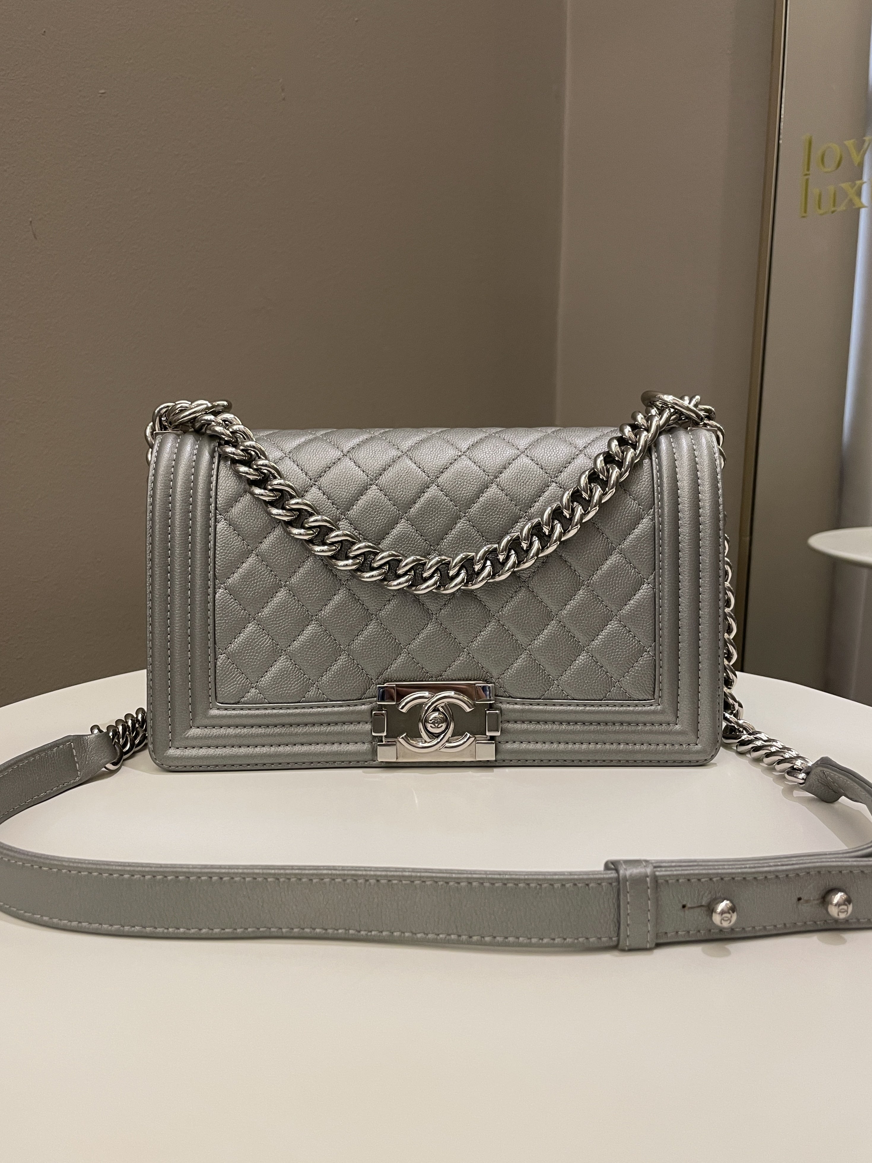 Chanel Quilted Boy Old Medium Silver Grey Caviar