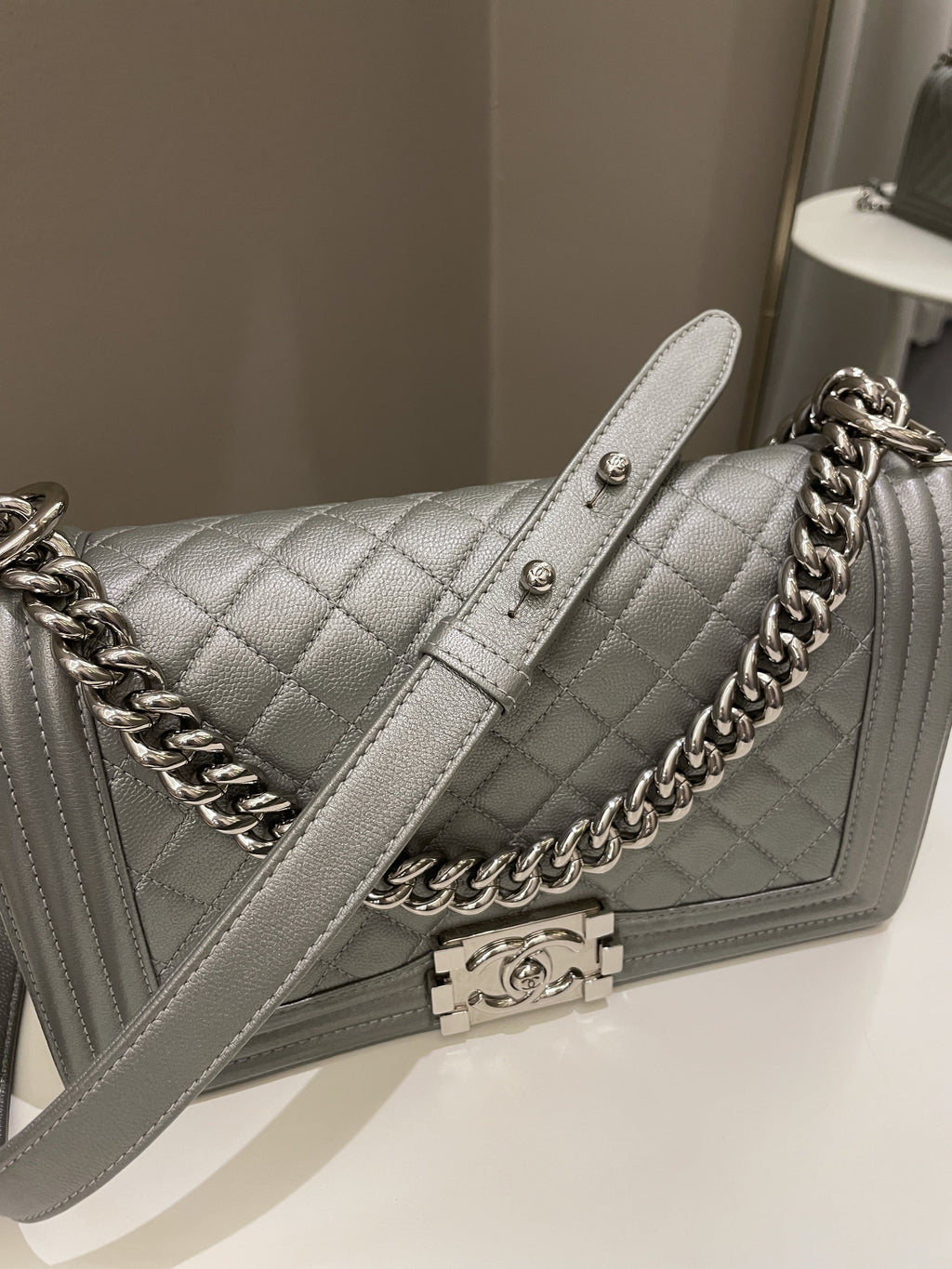 Chanel Quilted Boy Old Medium Silver Grey Caviar