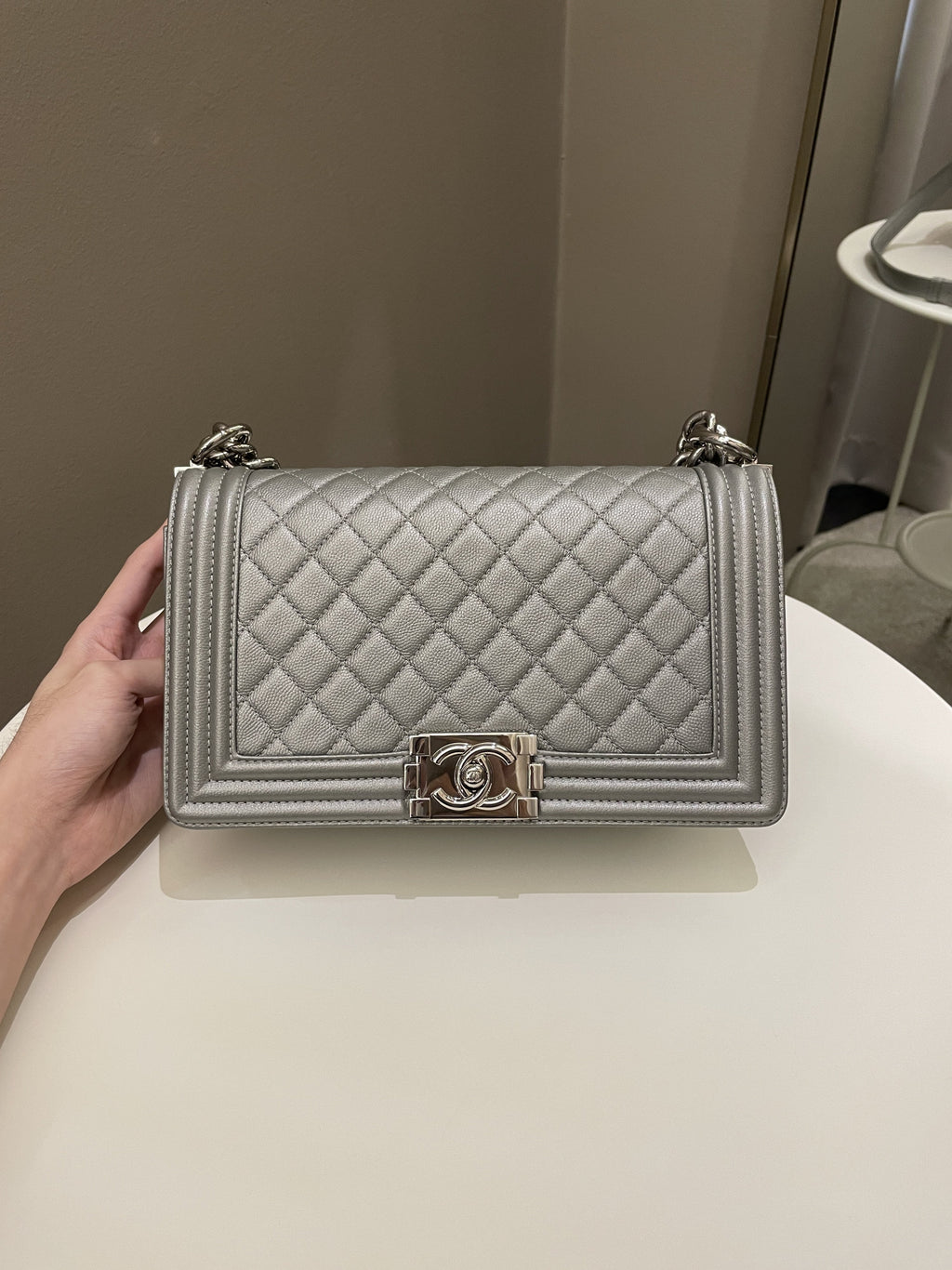 Chanel Quilted Boy Old Medium Silver Grey Caviar