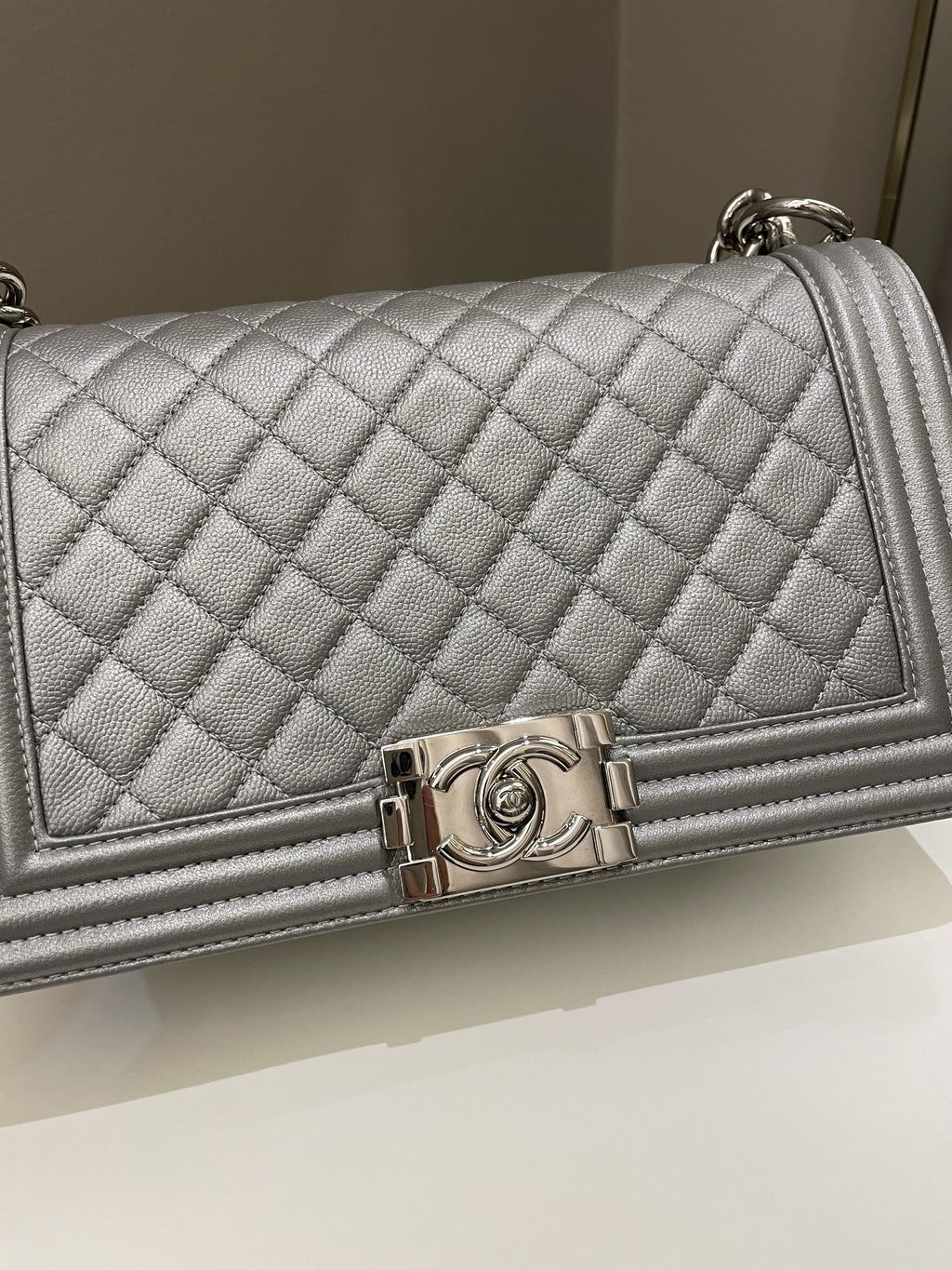 Chanel Quilted Boy Old Medium Silver Grey Caviar