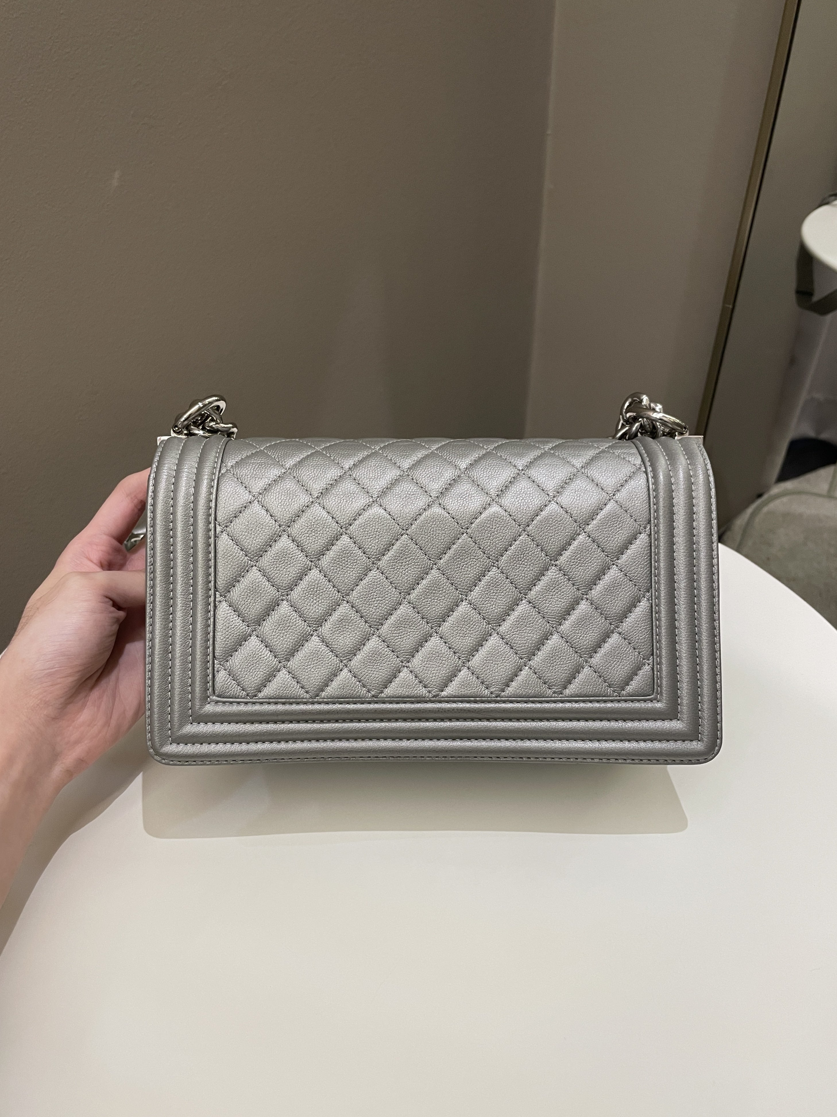 Chanel Quilted Boy Old Medium Silver Grey Caviar